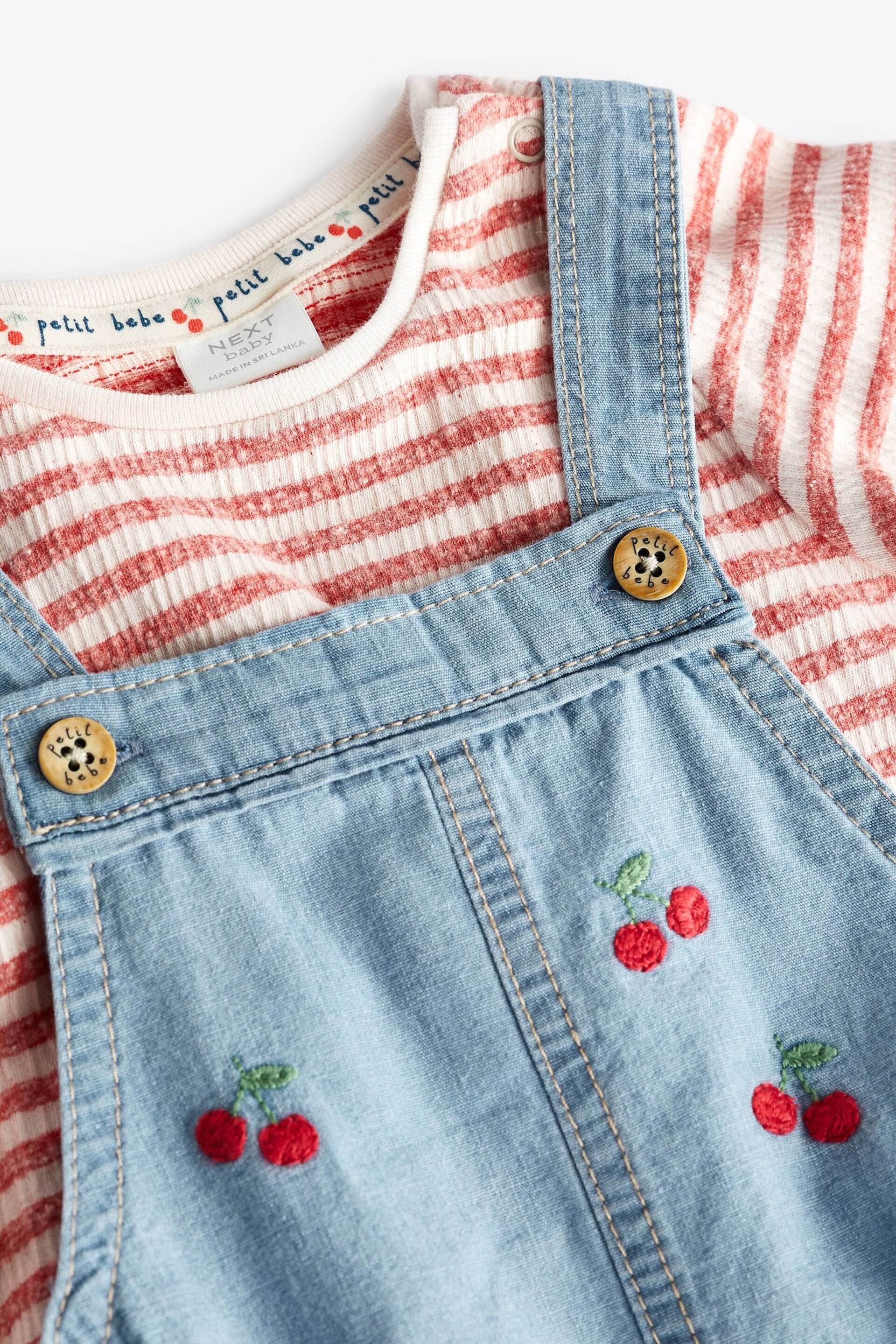 Denim Cherry Baby Long Sleeve Bodysuit and Shorts Leg Dungarees Set (0mths-2yrs) - Image 7 of 7