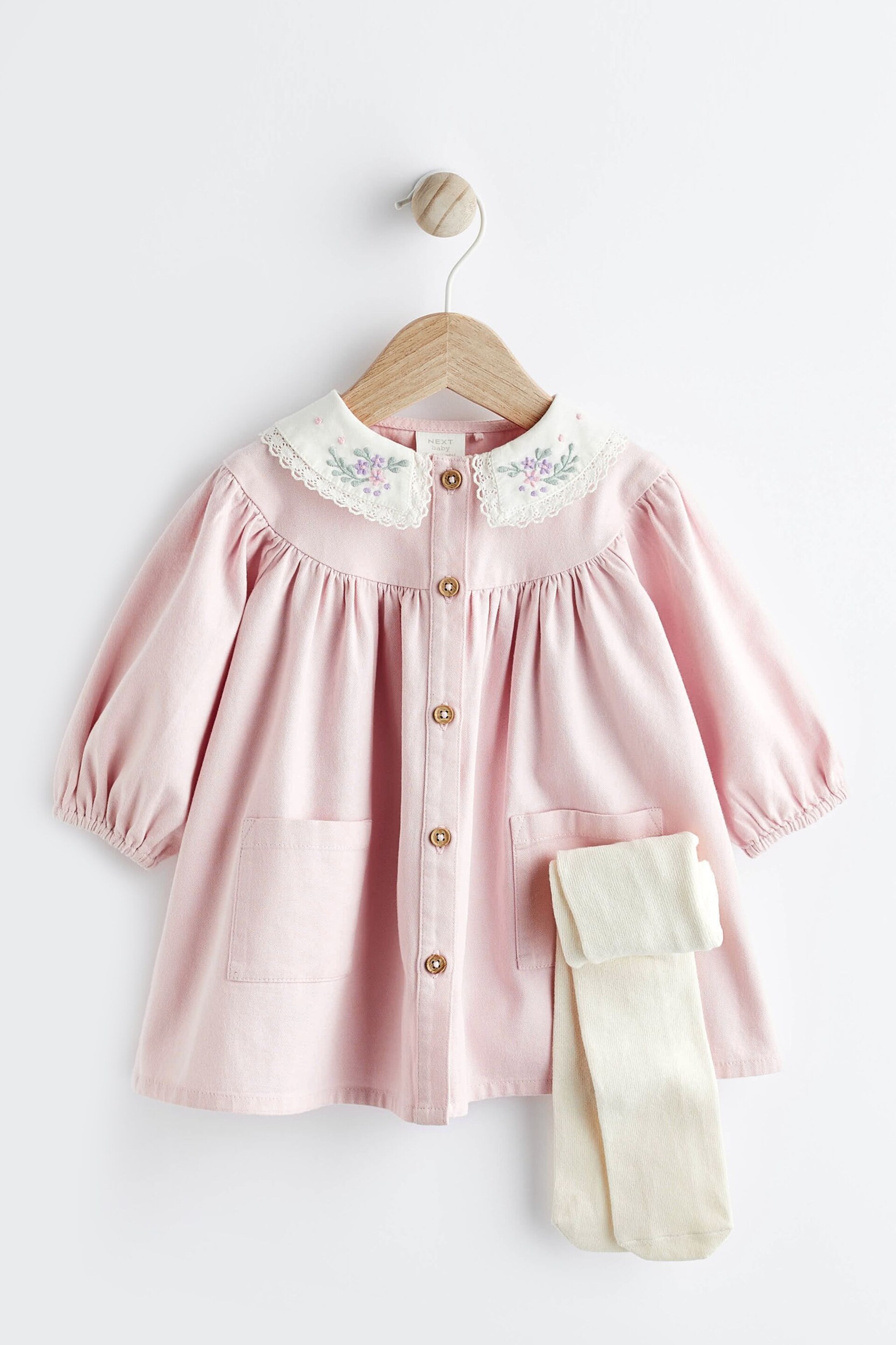 Pink 2 Piece Embroidered Baby Dress and Tights Set (0mths-2yrs) - Image 3 of 8
