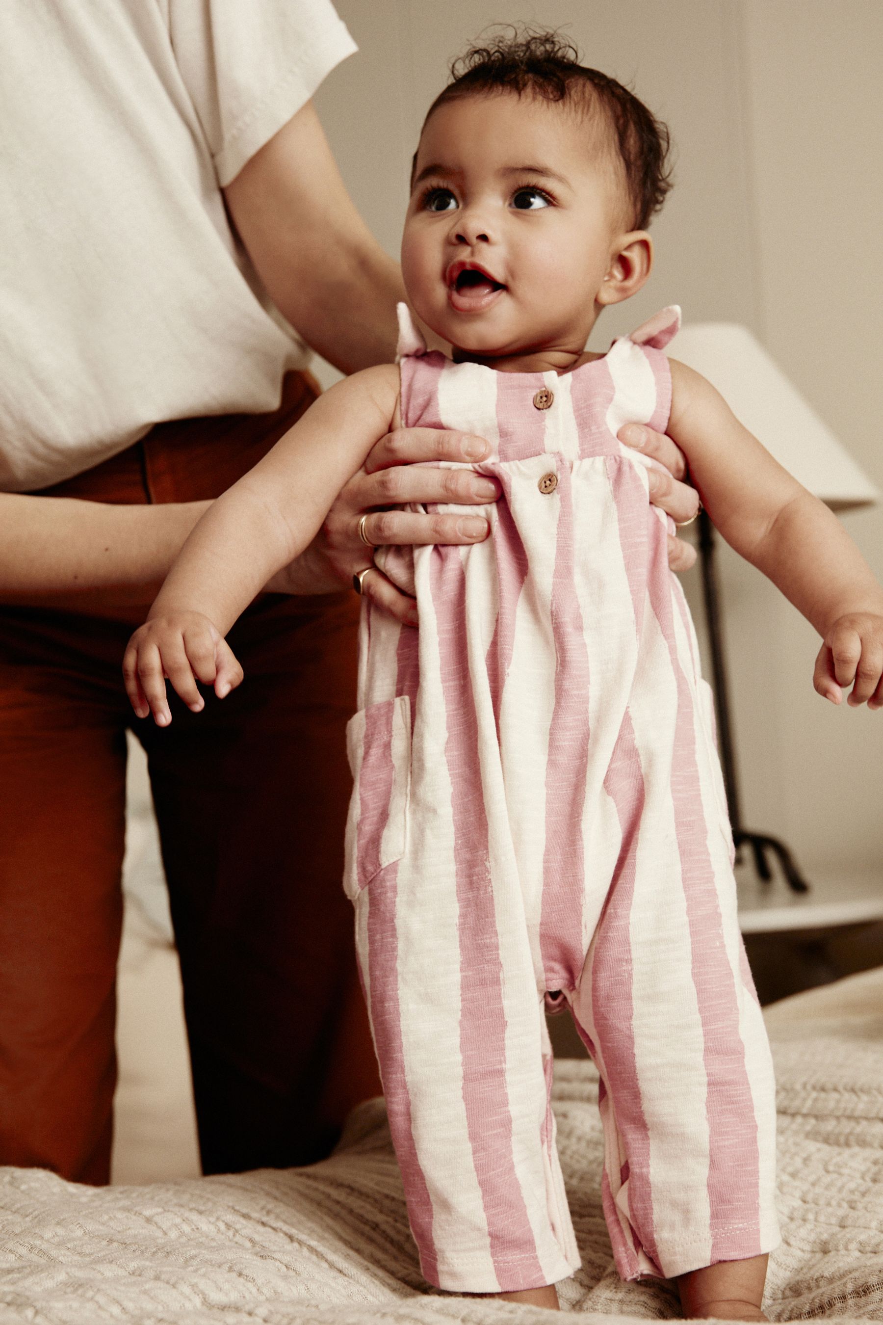 Pink and white striped romper shop