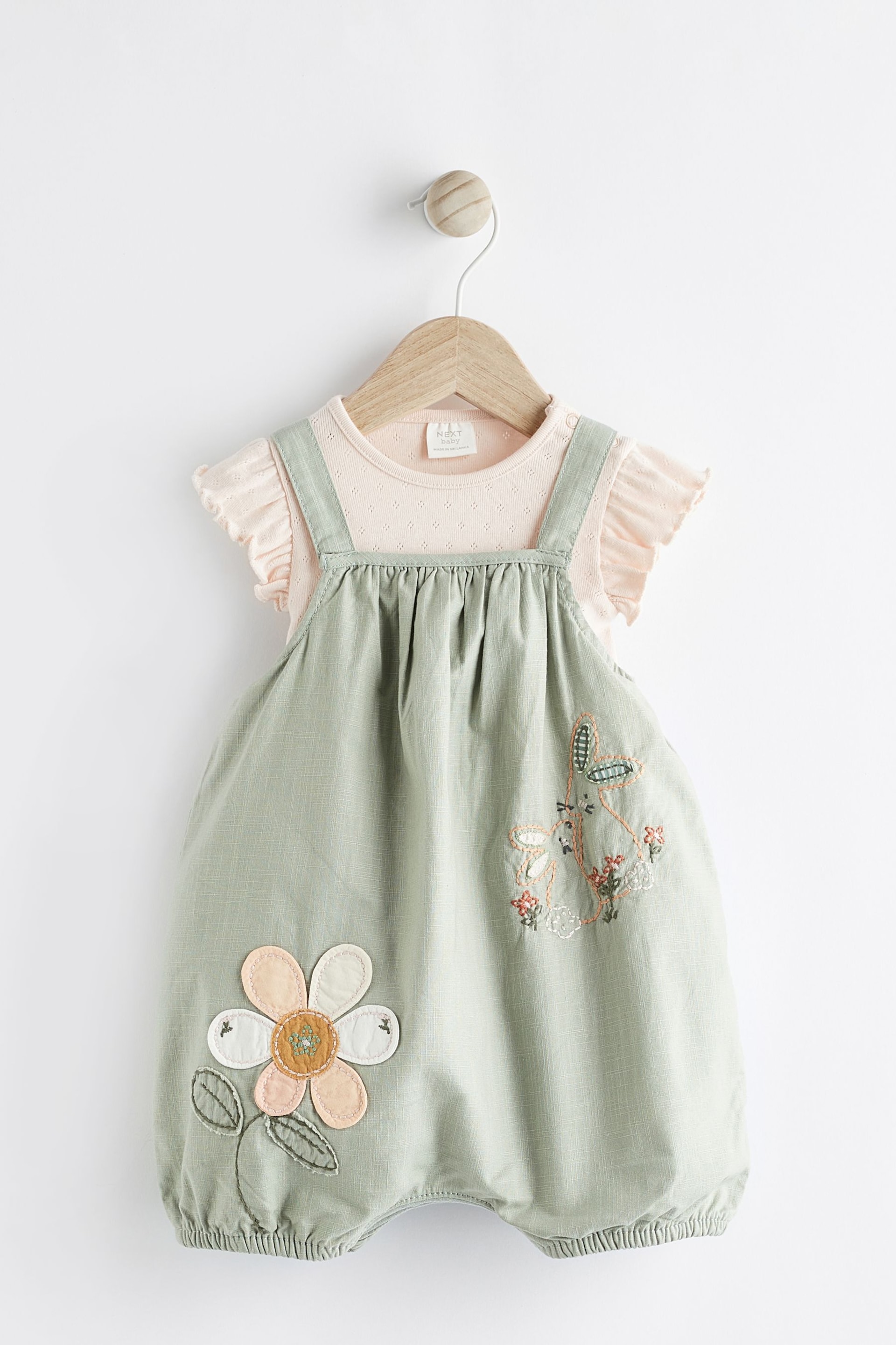 Green Embroidered Flowers Baby Short Sleeve Top and Dungarees Set (0mths-2yrs) - Image 1 of 8