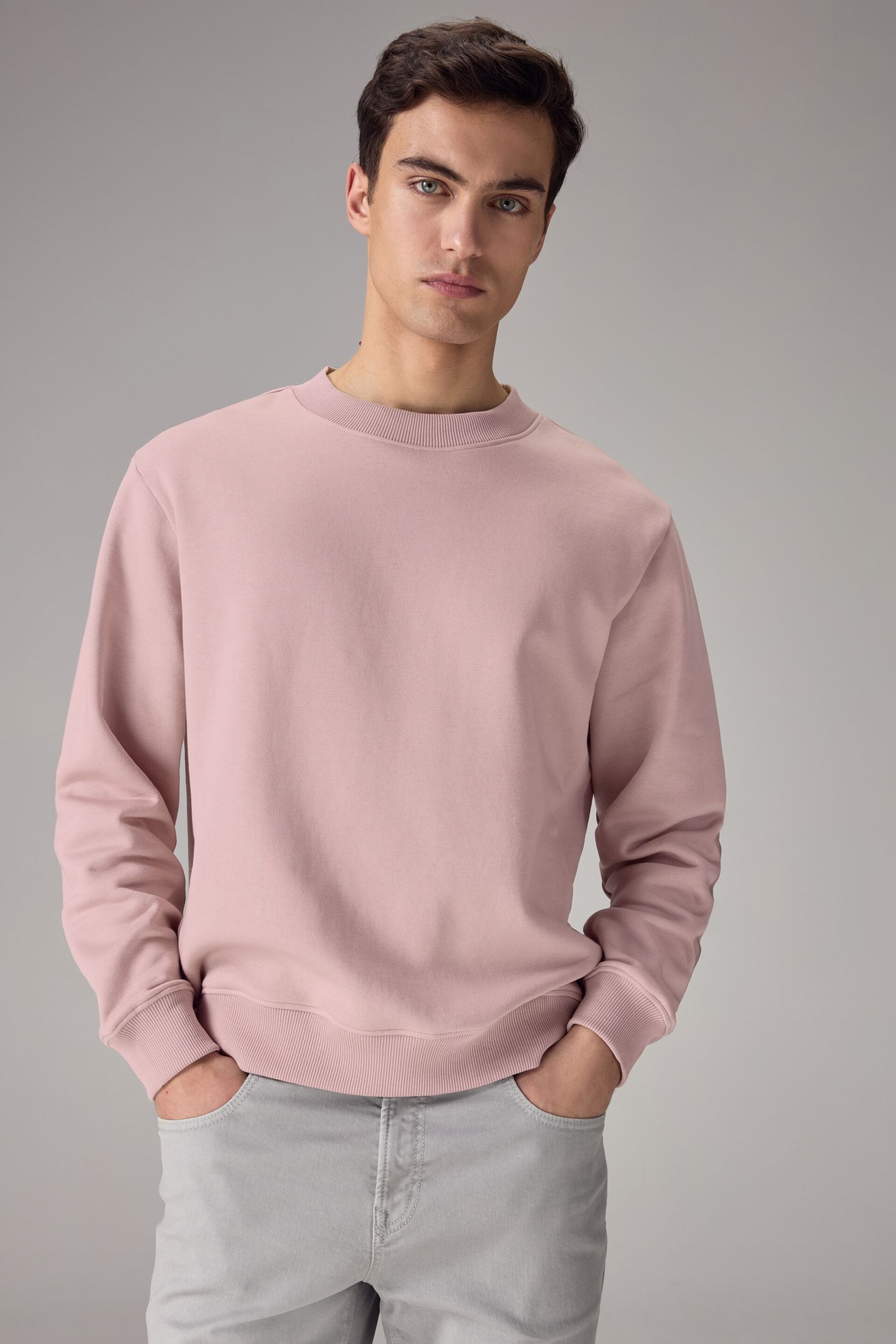 Light Pink Regular Fit Jersey Cotton Rich Crew Sweatshirt - Image 1 of 7