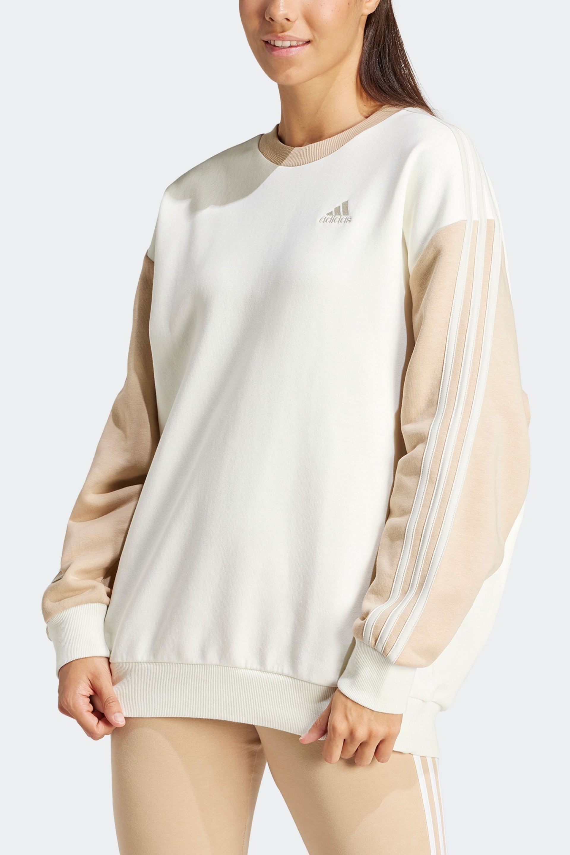 adidas White Sportswear Essentials 3-Stripes Oversized Fleece Sweatshirt - Image 3 of 7