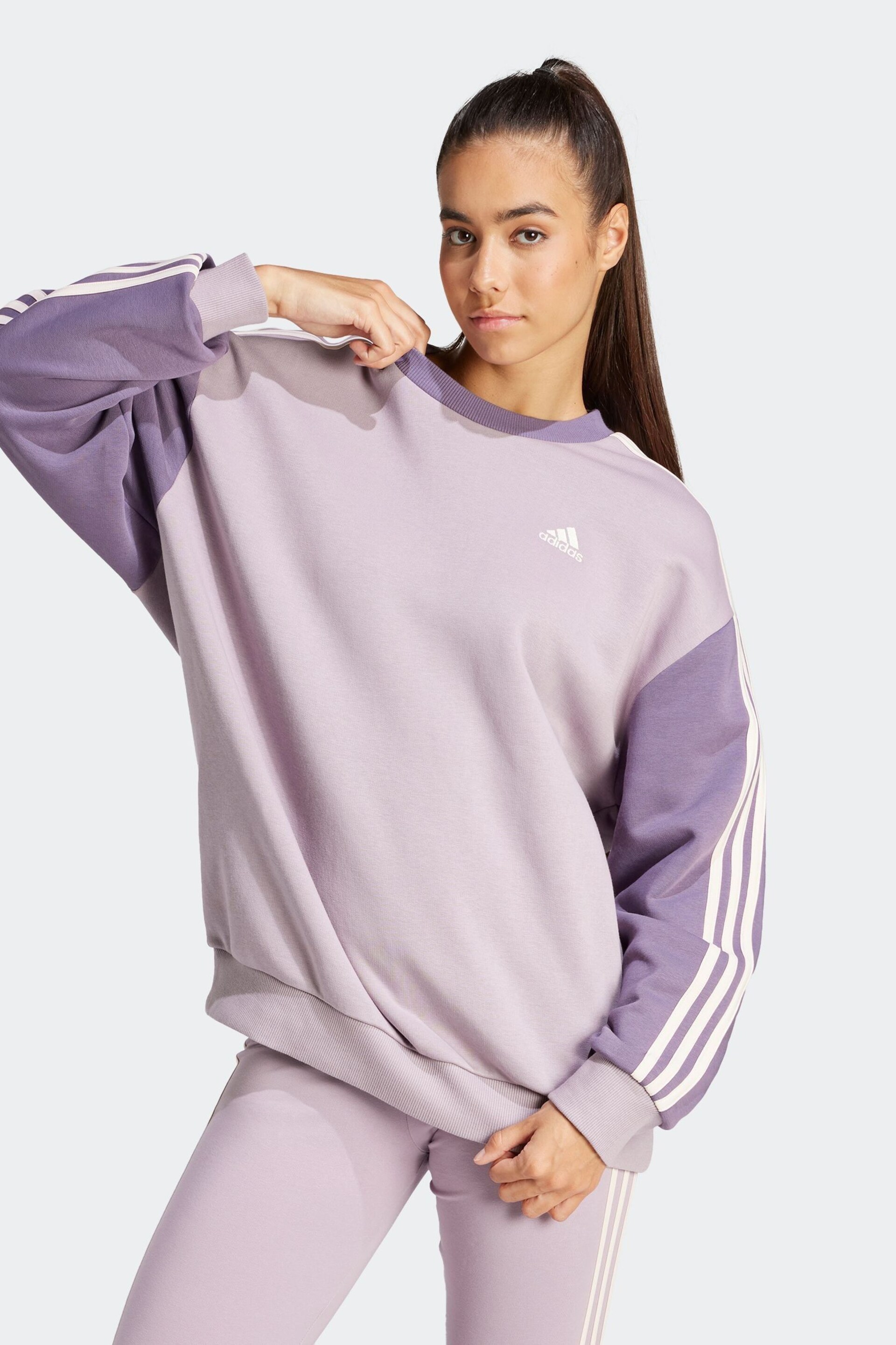 adidas Purple Sportswear Essentials 3-Stripes Oversized Fleece Sweatshirt - Image 1 of 7
