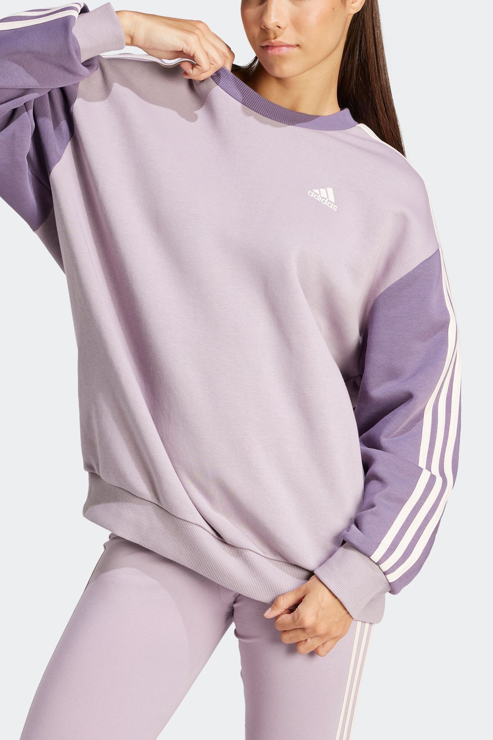 adidas Purple Sportswear Essentials 3-Stripes Oversized Fleece Sweatshirt - Image 2 of 7