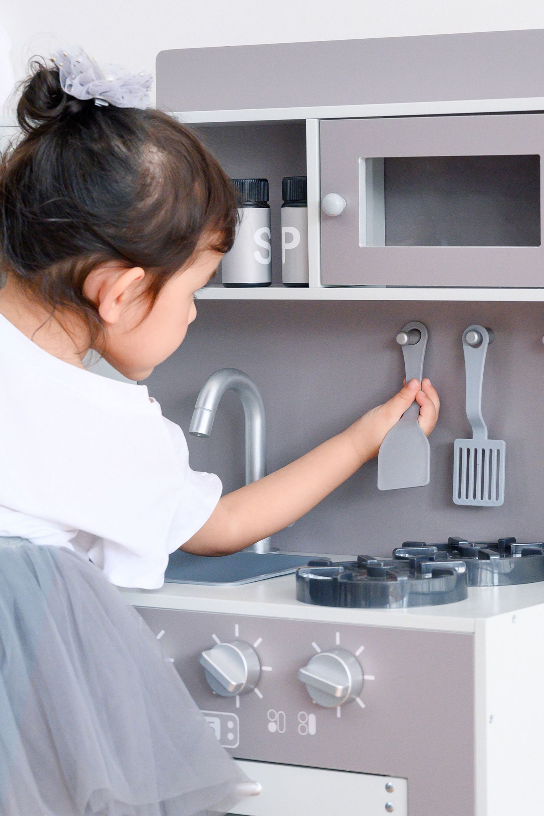 Grey wooden play kitchen shop