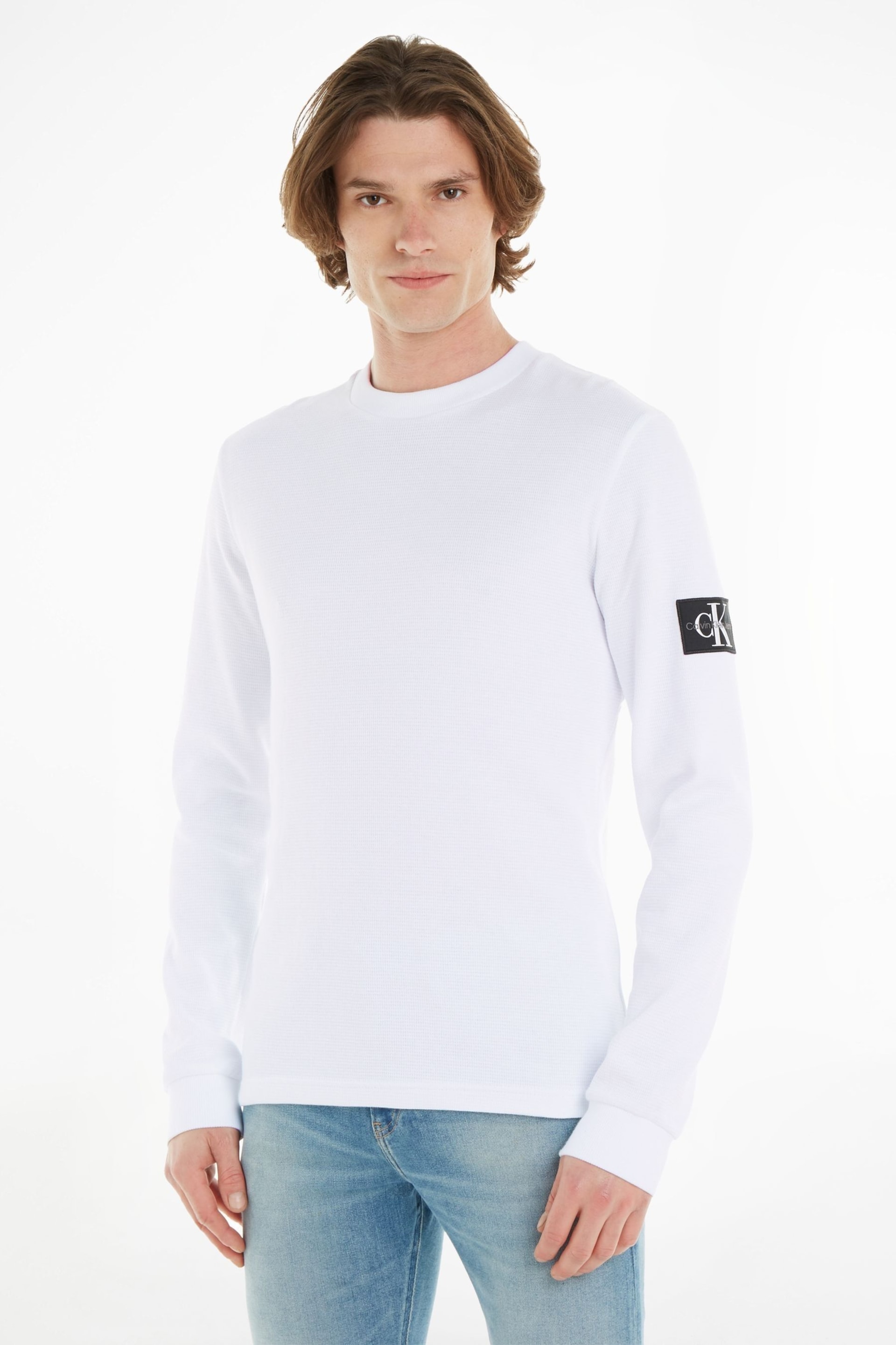 Calvin Klein Jeans Monogram Badge Waffle Long Sleeve White T-Shirt - Image 1 of 6