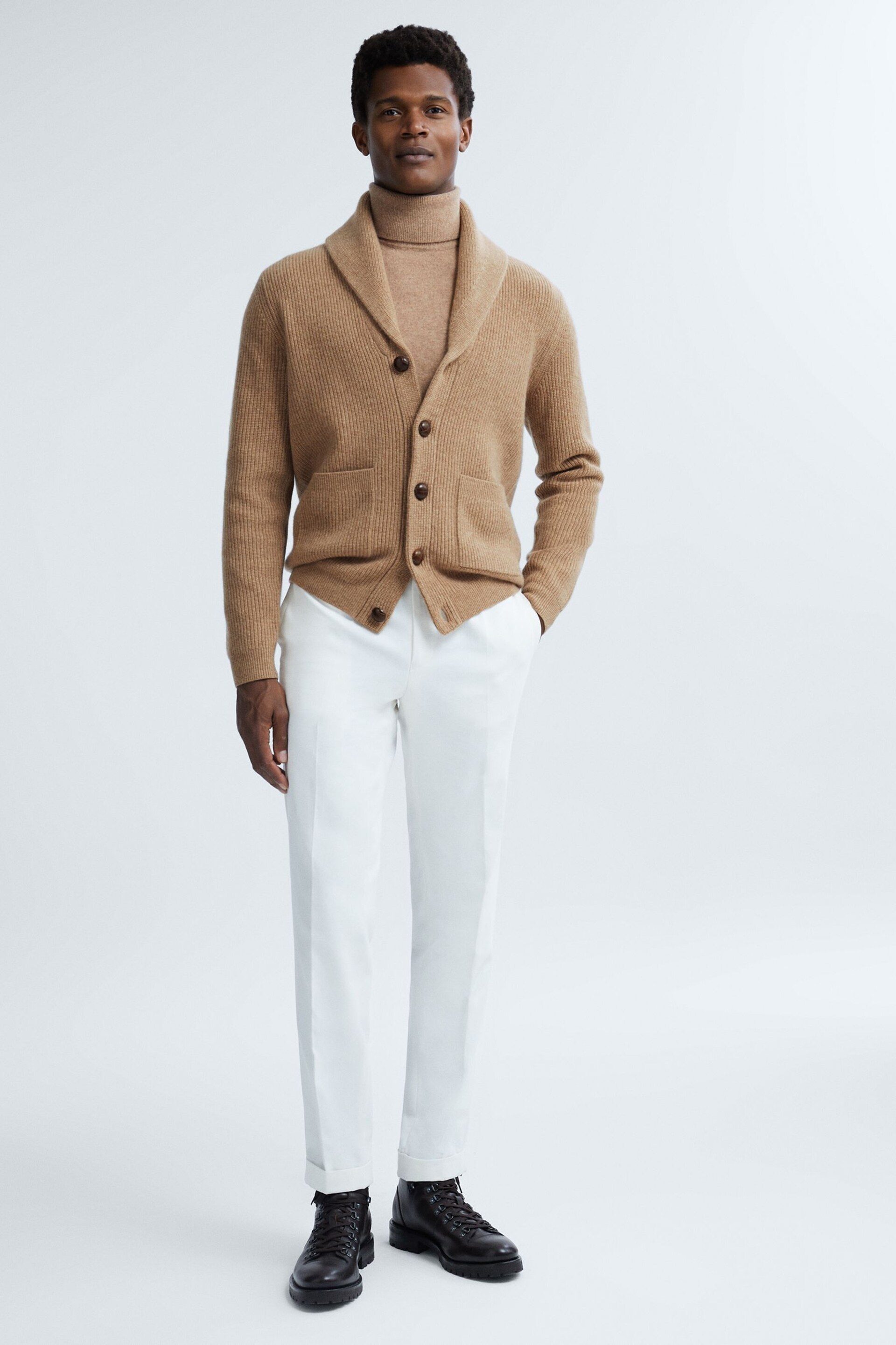 Reiss Camel King Cashmere Button-Through Cardigan - Image 6 of 7