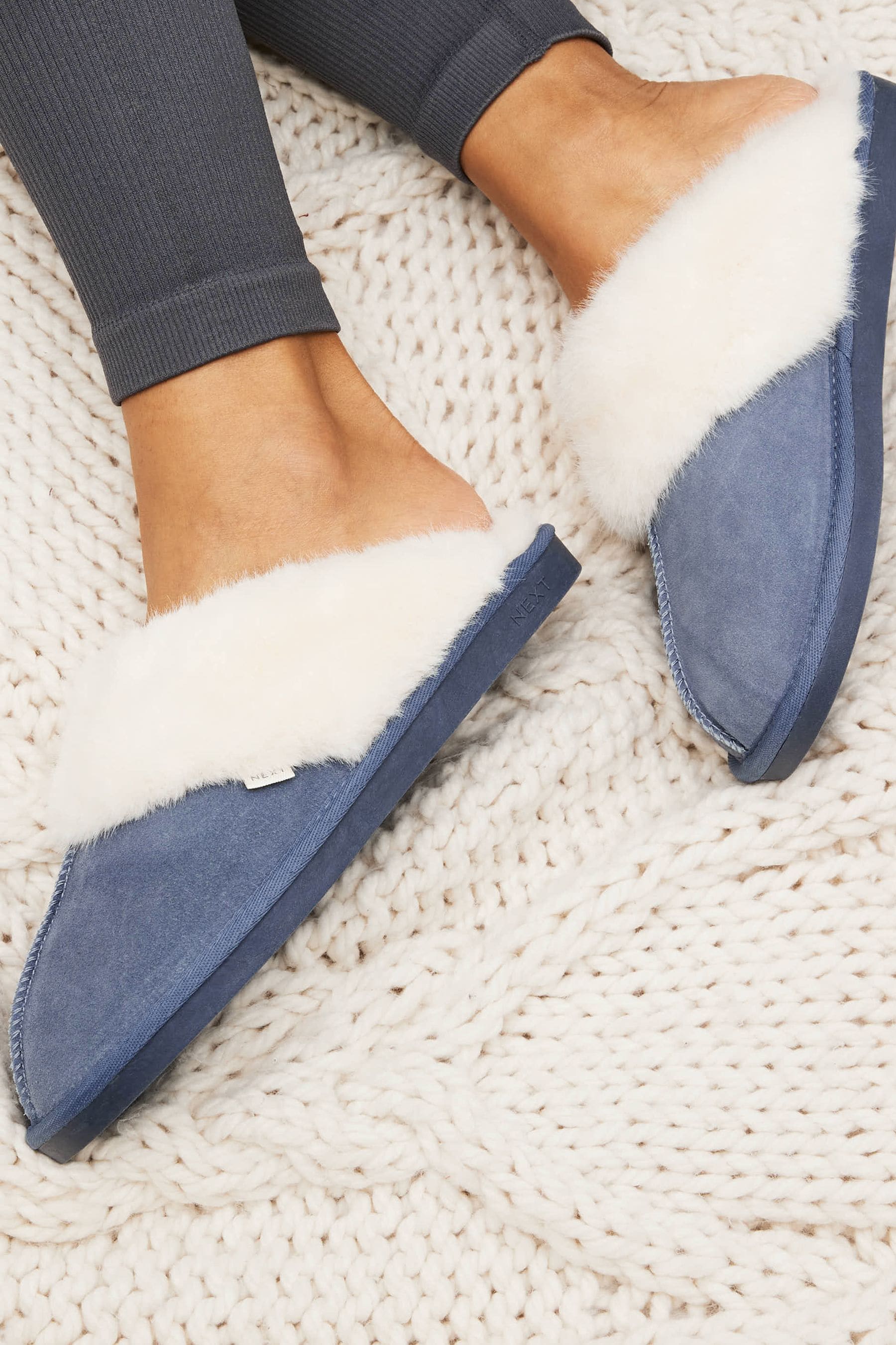 Buy Denim Blue Suede Faux Fur Lined Mule Slippers from Next USA
