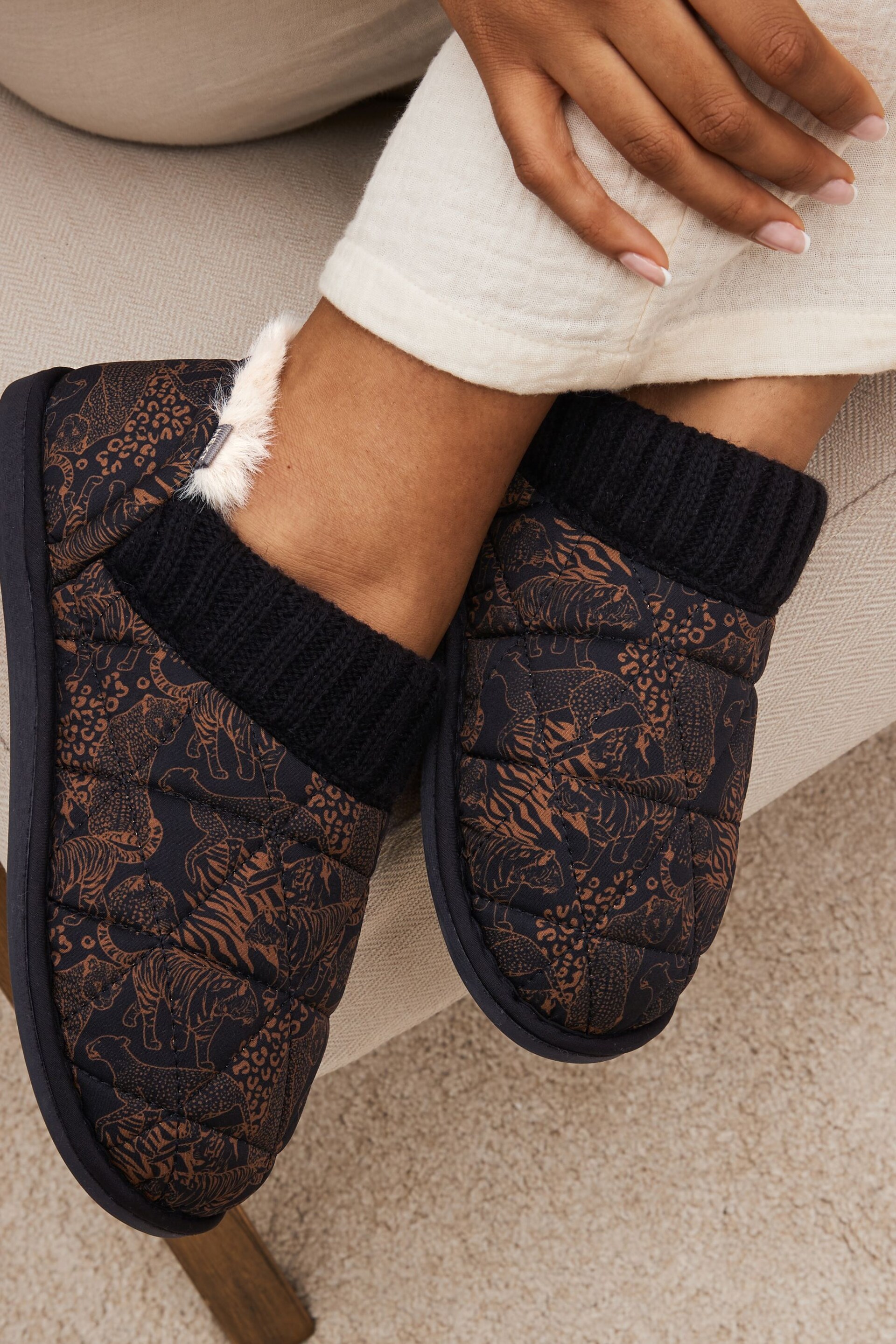 Black/Brown Quilted Shoot Slippers - Image 1 of 8