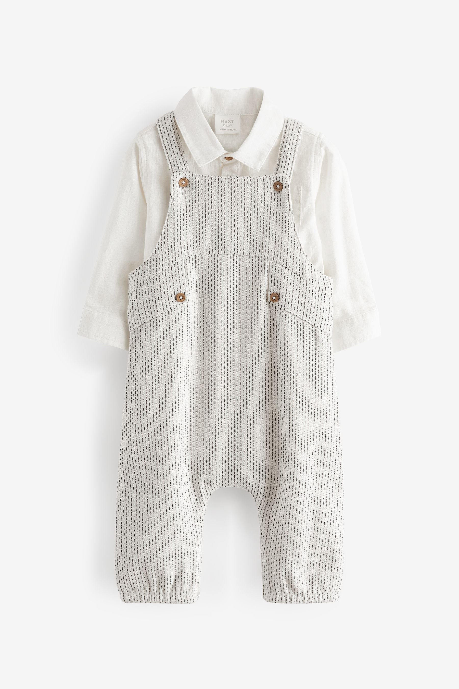 Buy Grey White Cotton Linen Mix Baby Woven Dungarees And Shirt Set 0mths 3yrs from the Next UK online shop