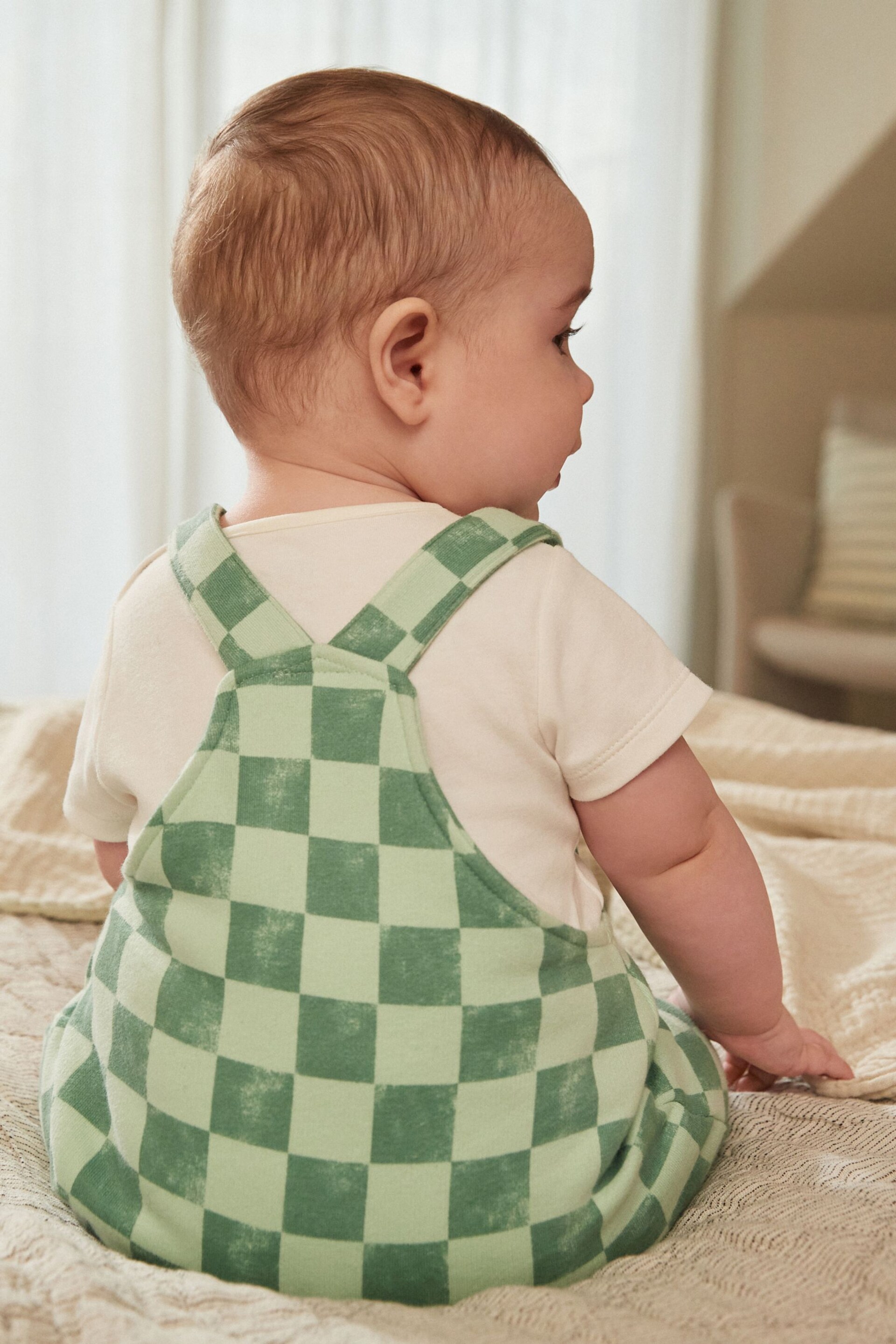 Green/White Checkerboard Baby Jersey Dungarees and Bodysuit Set (0mths-2yrs) - Image 3 of 10