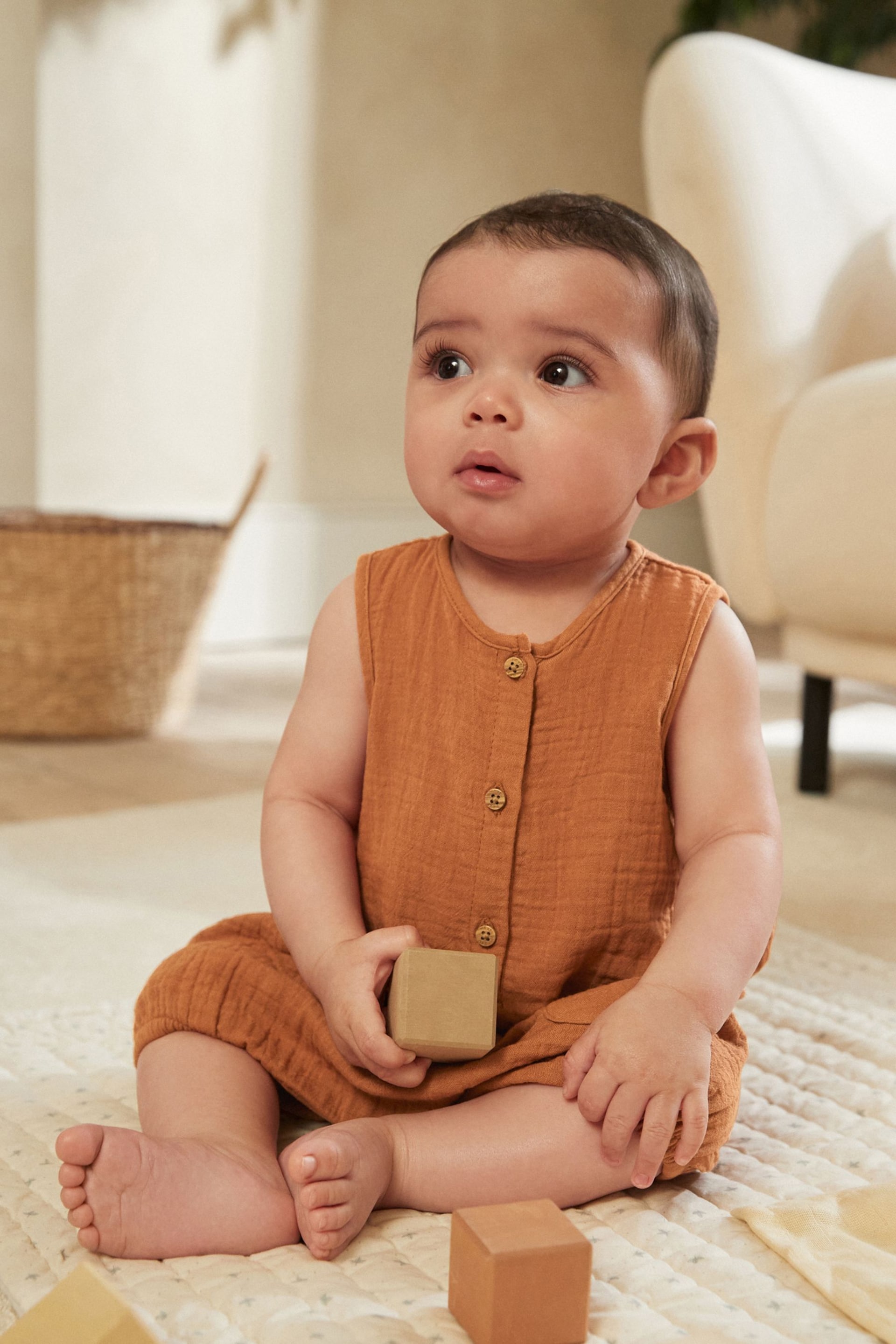 Rust Brown Woven Baby Romper (0mths-2yrs) - Image 2 of 10