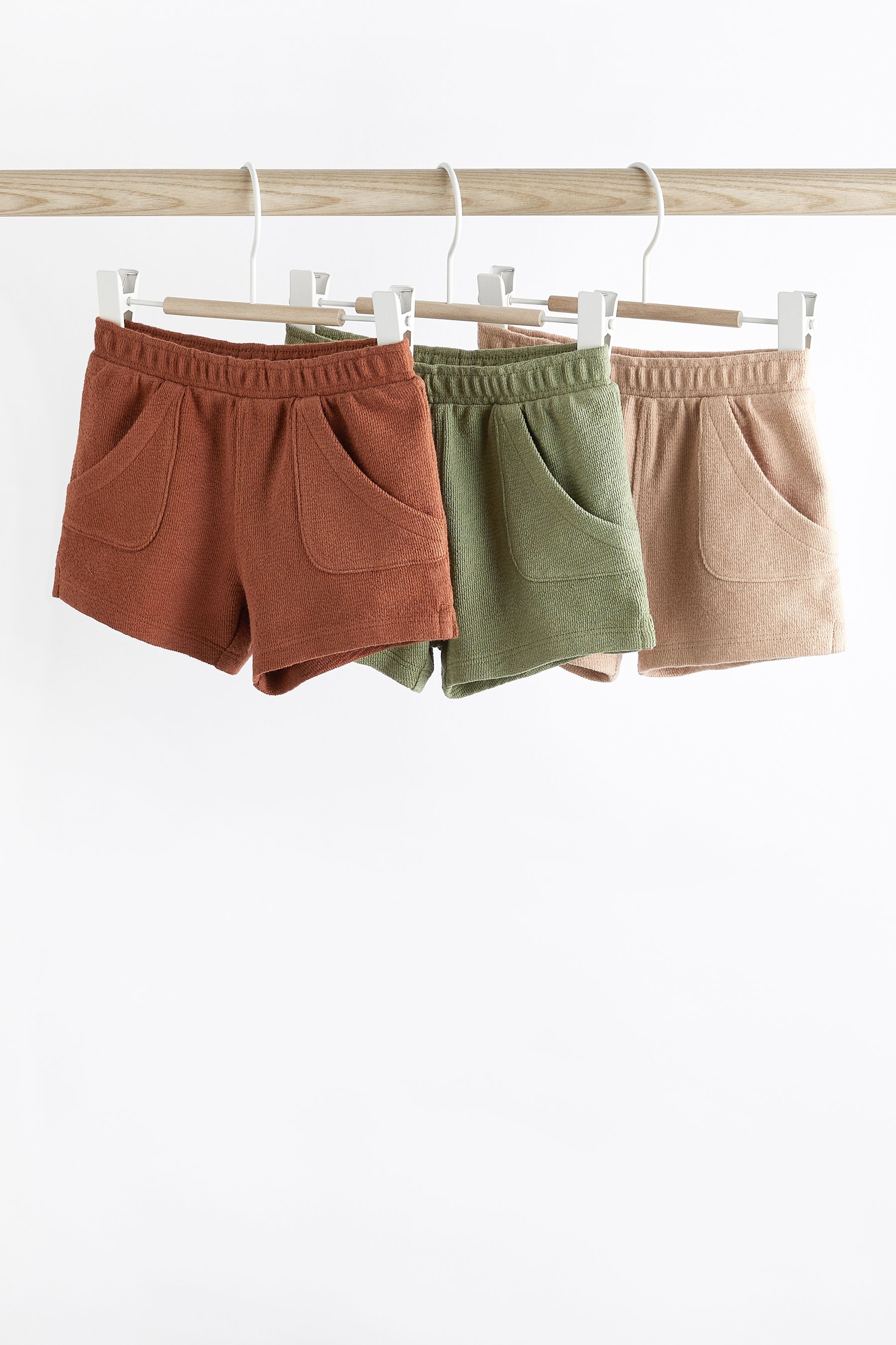 Rust Brown Khaki Green 100 Cotton Textured Baby Shorts 3 Pack