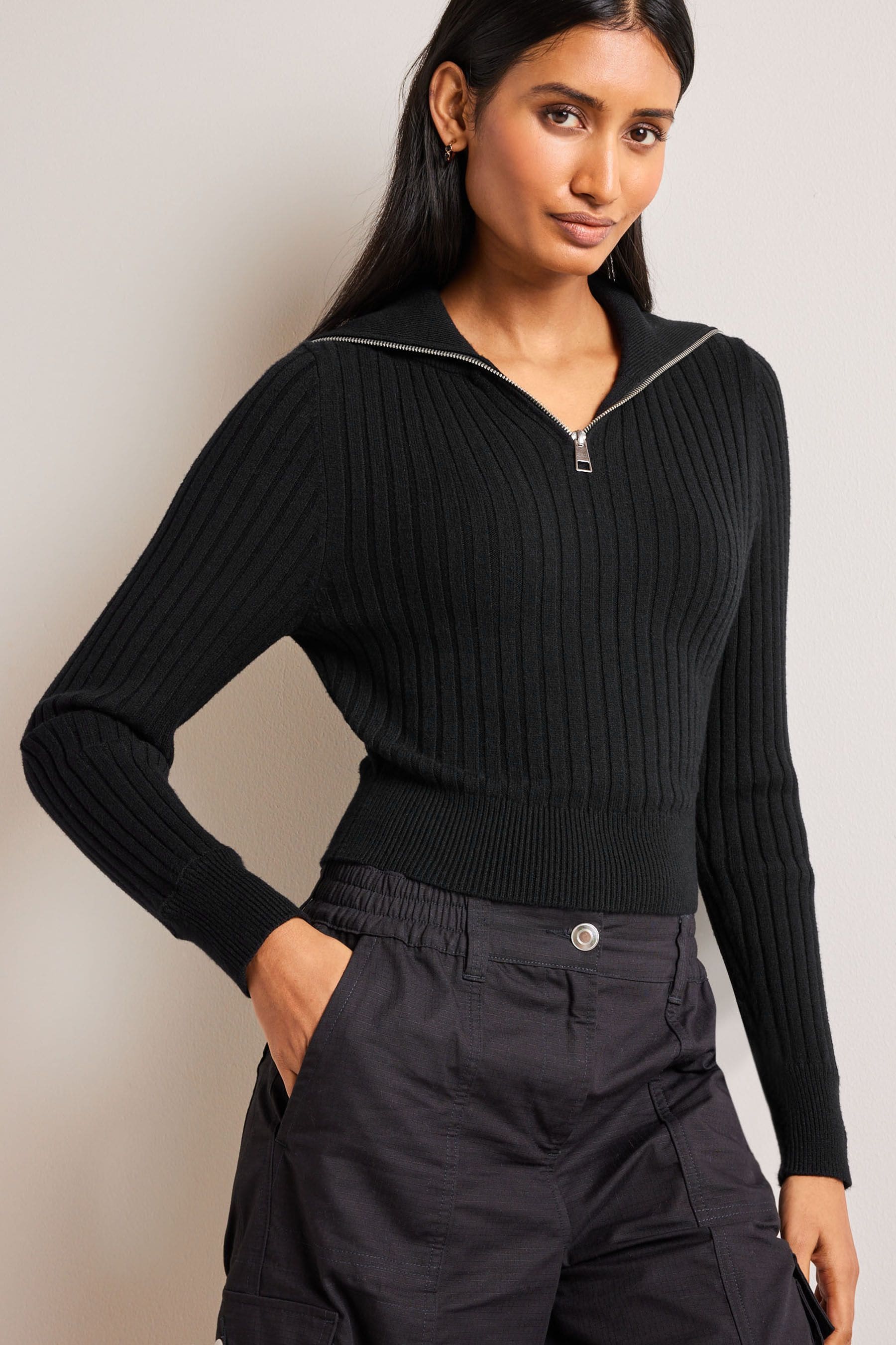 Buy Black Ribbed Zip Neck Jumper from Next Luxembourg