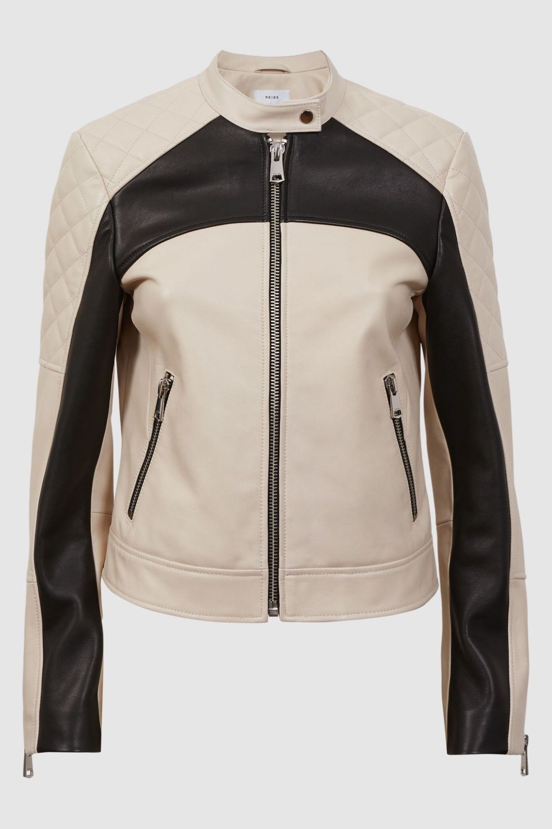 Reiss Black/Neutral Adelaide Leather Collarless Quilted Jacket - Image 2 of 5