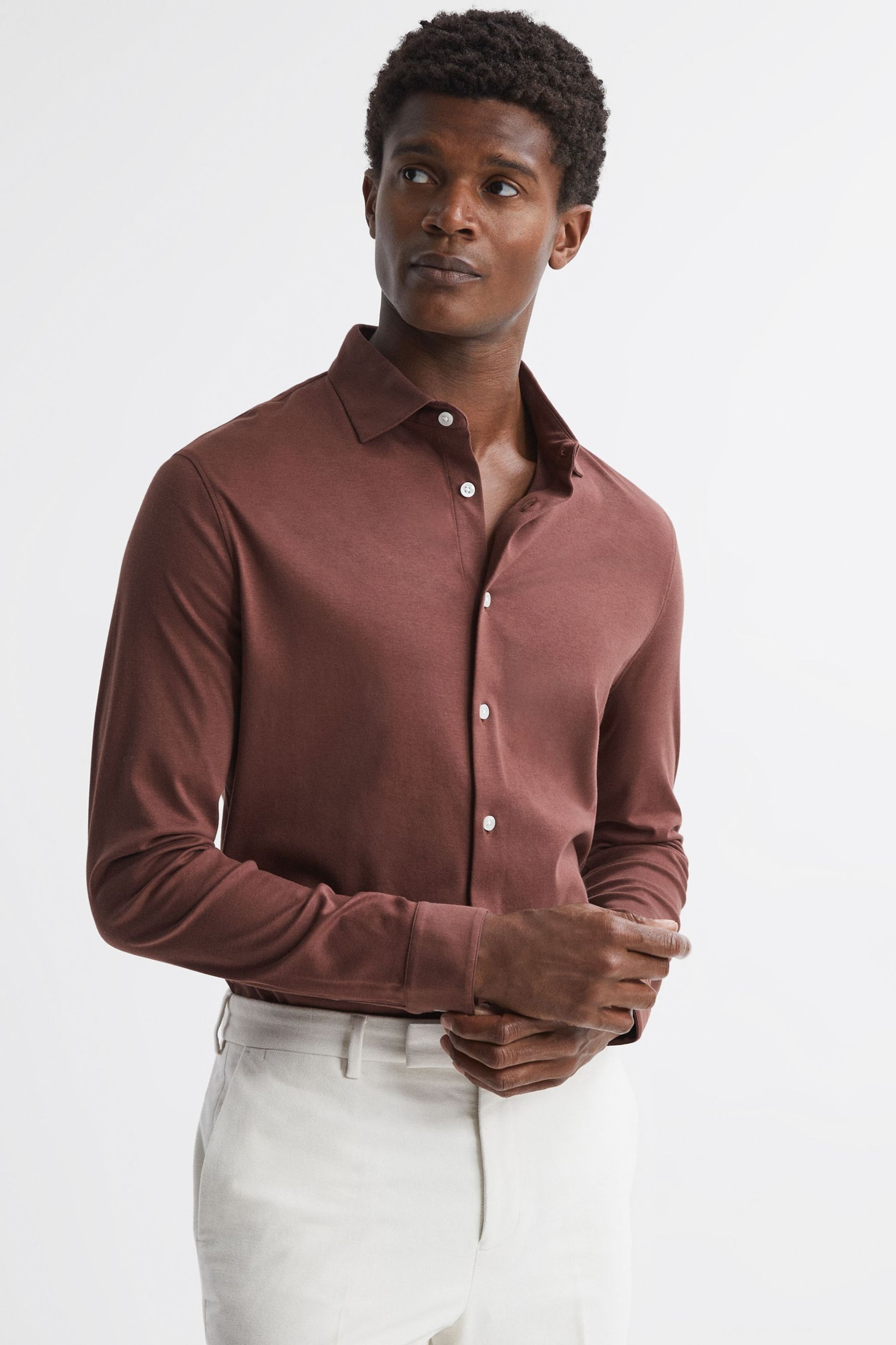 Reiss Copper Viscount Slim Fit Mercerised Cotton Jersey Shirt - Image 1 of 5