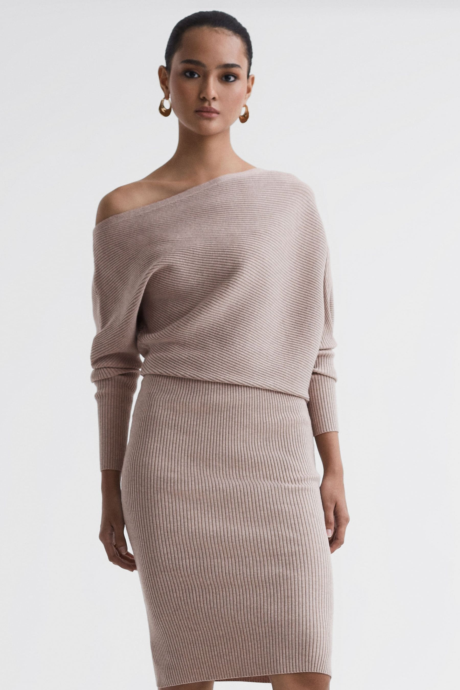 Reiss Neutral Lara Off The Shoulder Ribbed Midi Dress