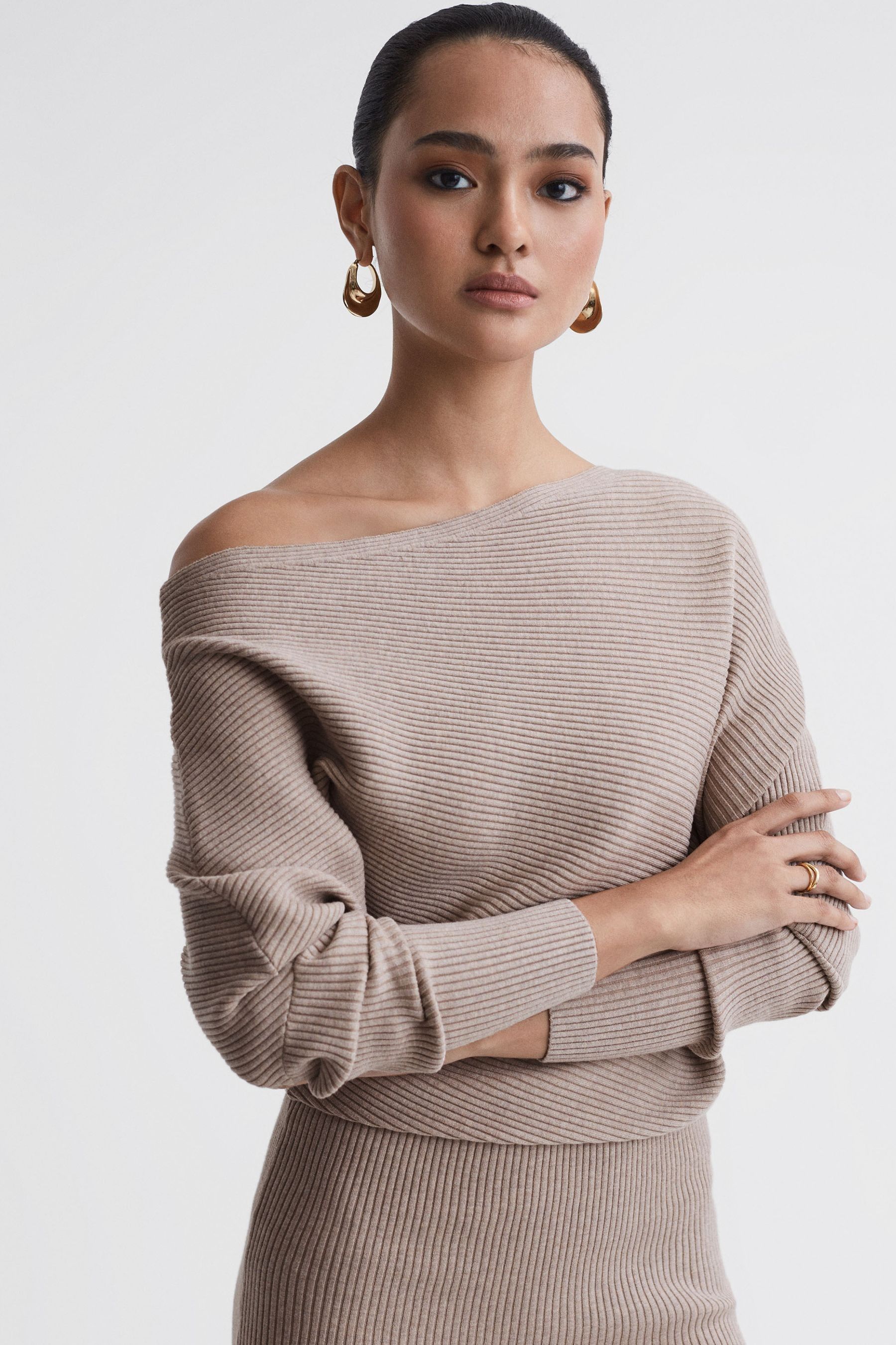 Buy Reiss Neutral Lara Off The Shoulder Ribbed Midi Dress from the Next UK online shop