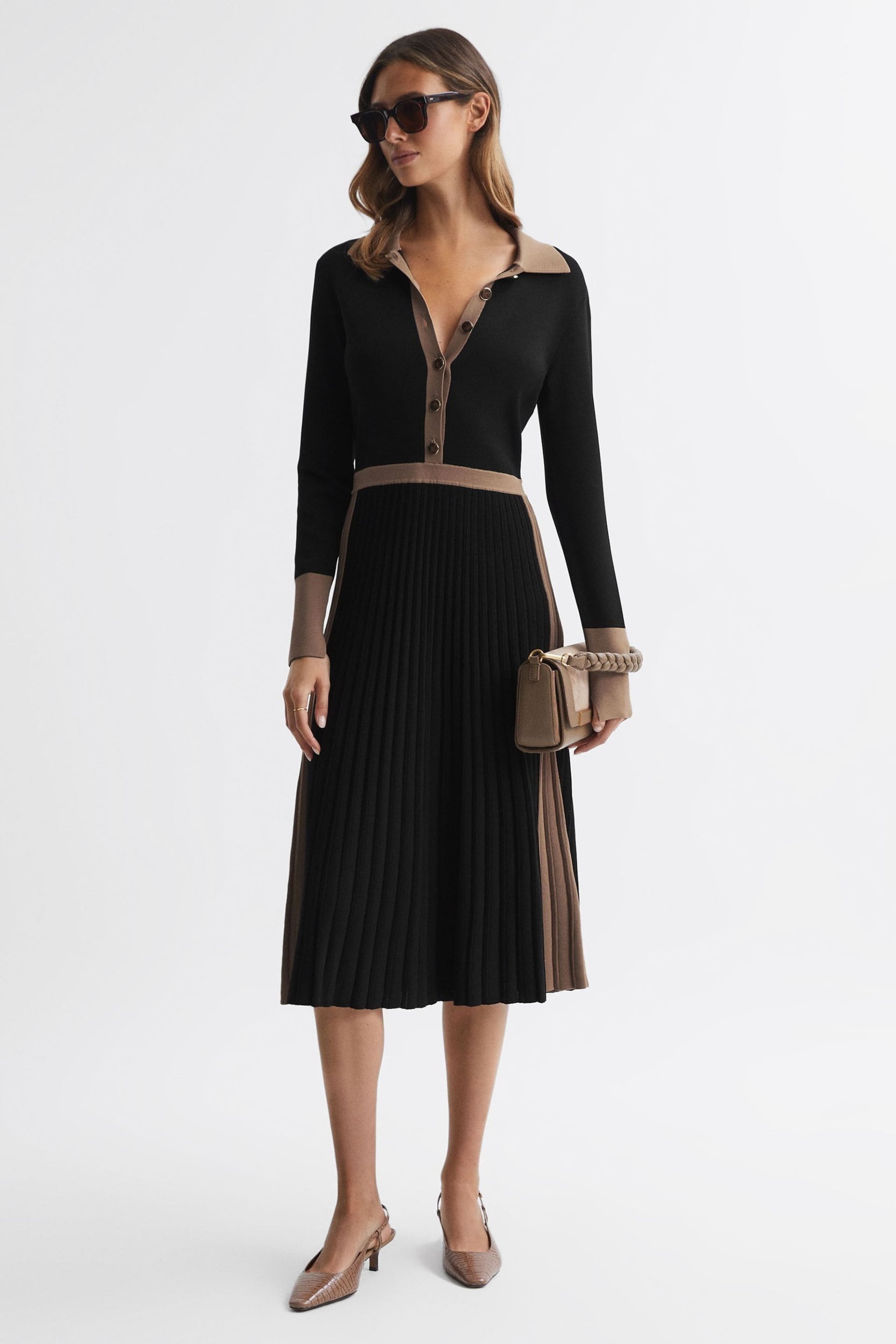 Reiss Black/Camel Mia Knitted Colourblock Pleated Midi Dress - Image 1 of 4