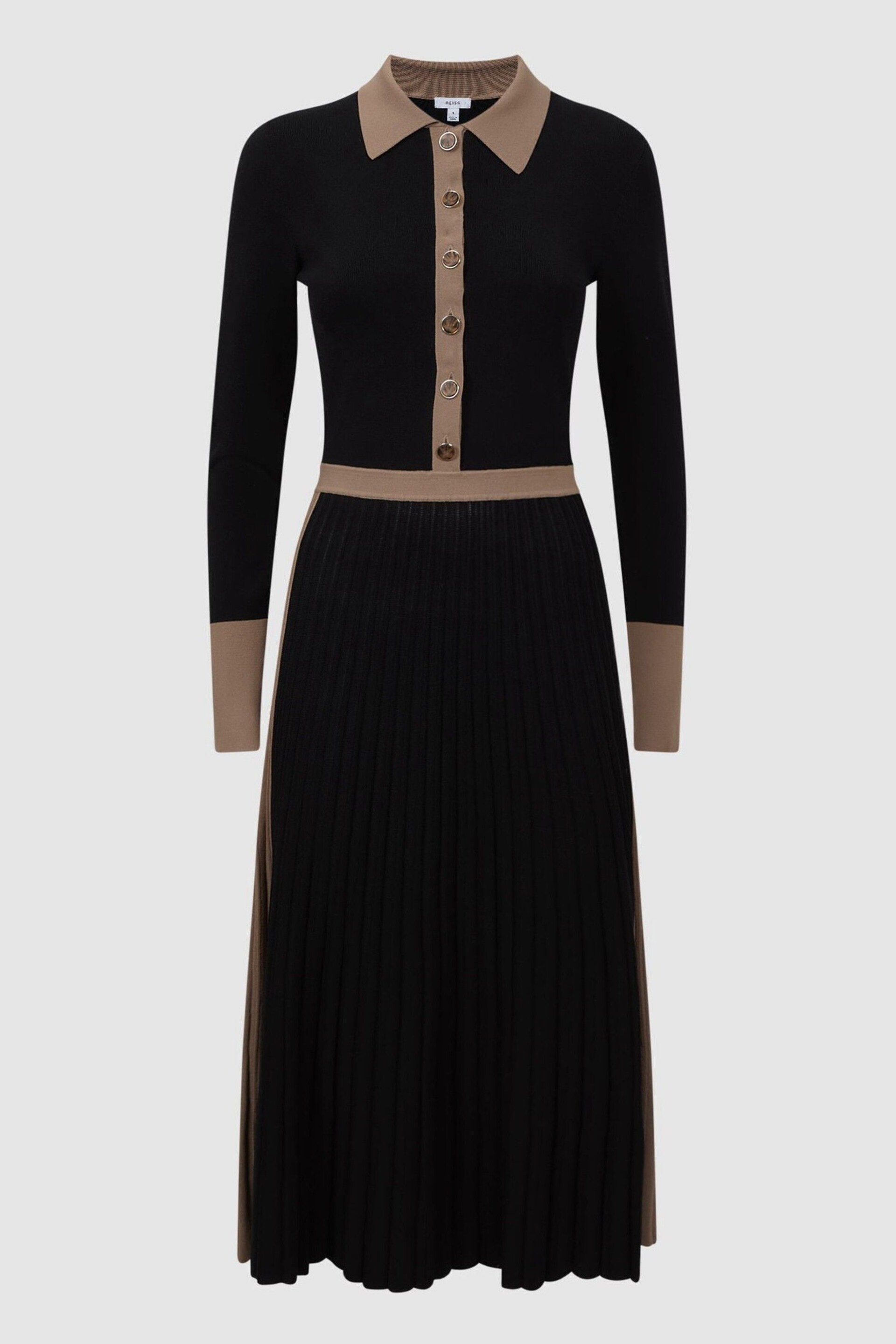 Reiss Black/Camel Mia Knitted Colourblock Pleated Midi Dress - Image 2 of 4