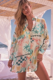 Aqua/White/Pink Beach Shirt Cover-Up - Image 1 of 8