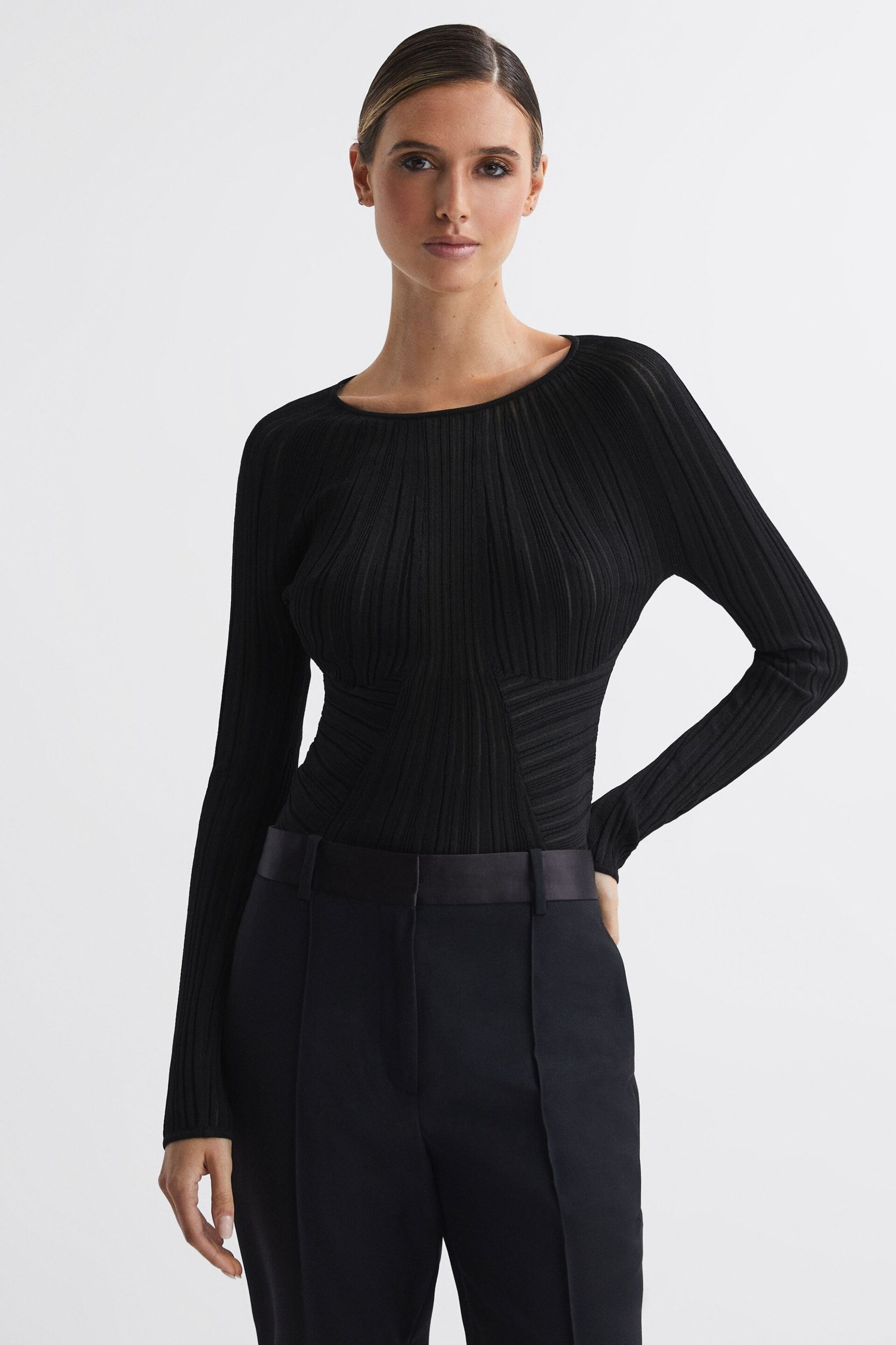 Reiss Black Lenni Sheer Knitted Long Sleeve Top - Image 4 of 5