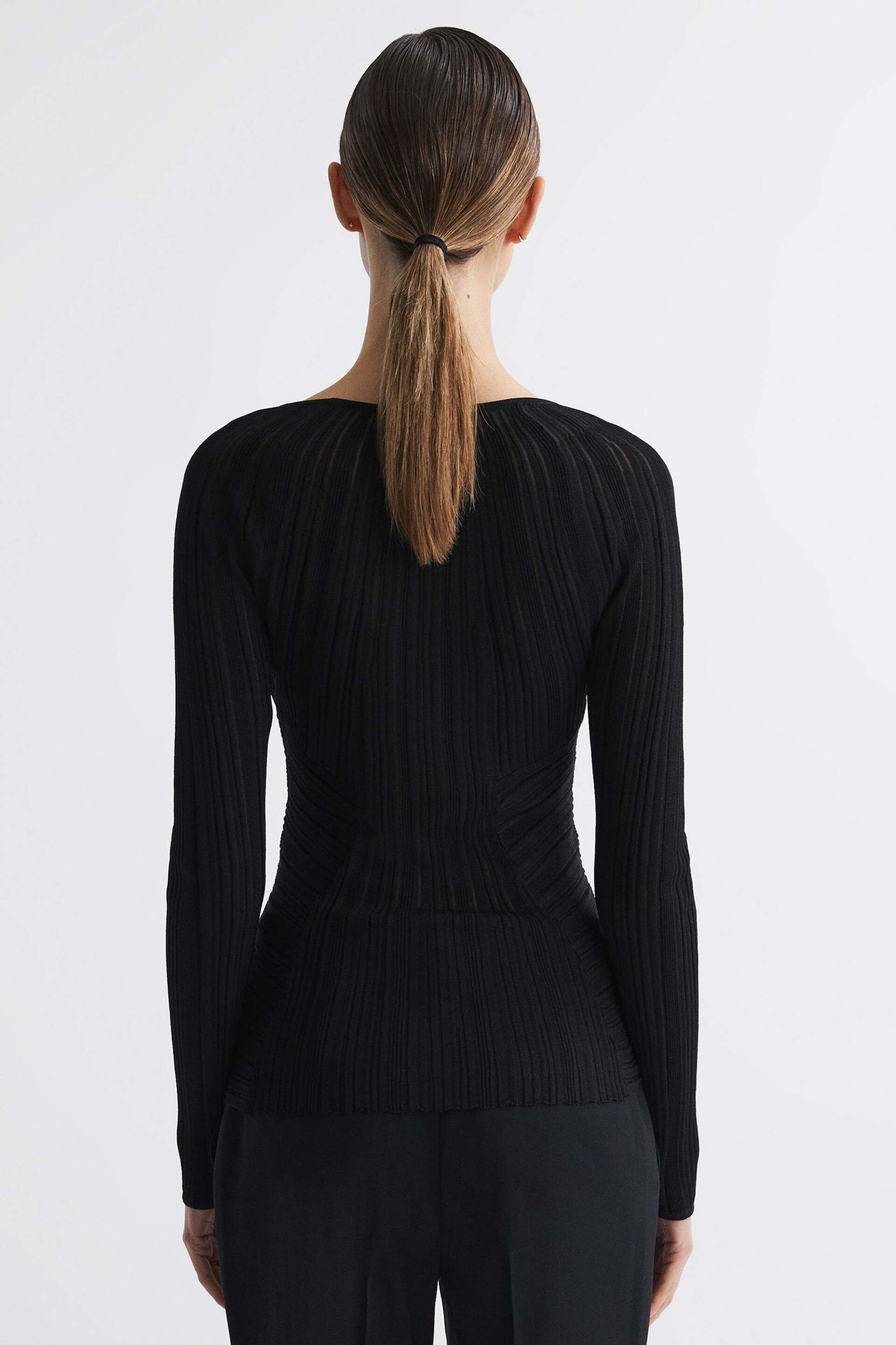 Reiss Black Lenni Sheer Knitted Long Sleeve Top - Image 5 of 5