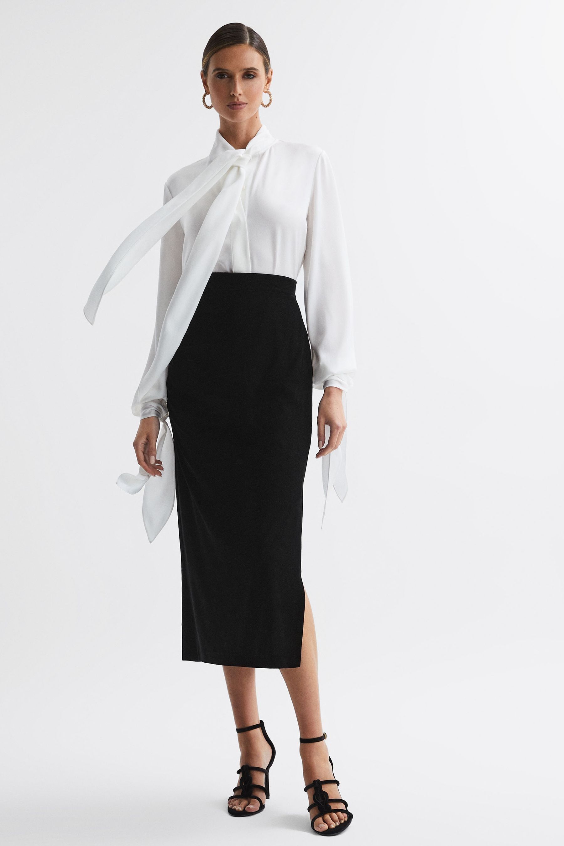 Reiss Leona Black Velvet Ruched Midi Skirt US 0