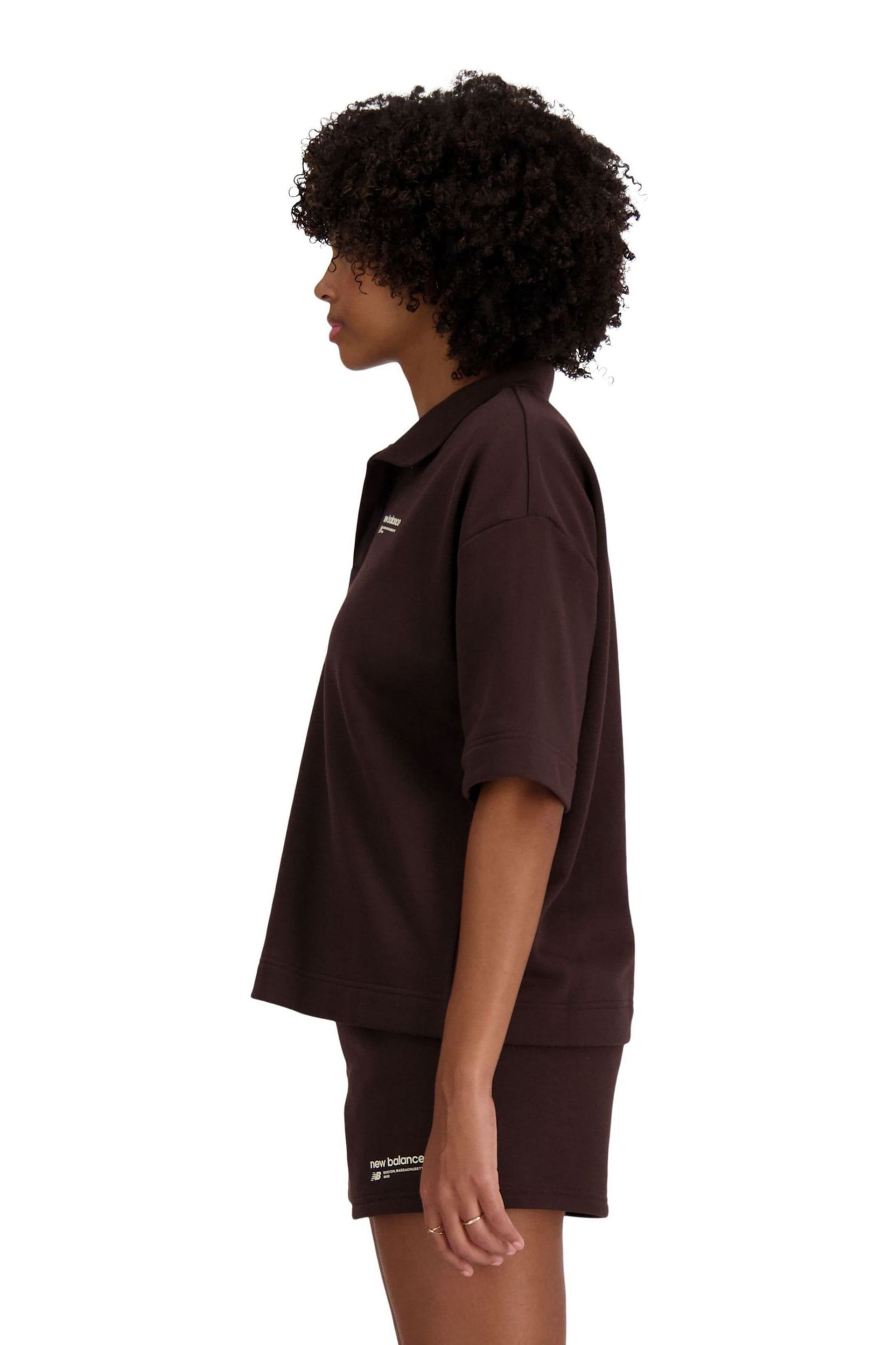 New Balance Brown Linear Heritage French Terry Polo Shirt - Image 3 of 5