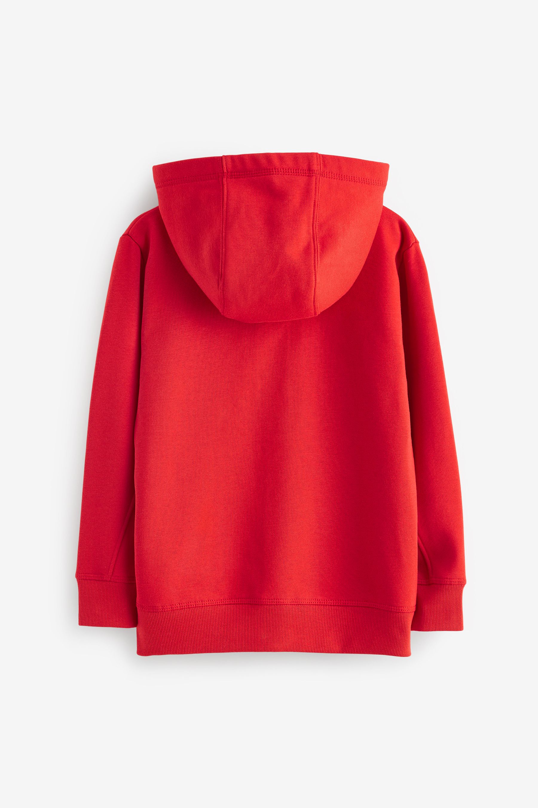 Red zip up hoodie with white stripes on sleeves store