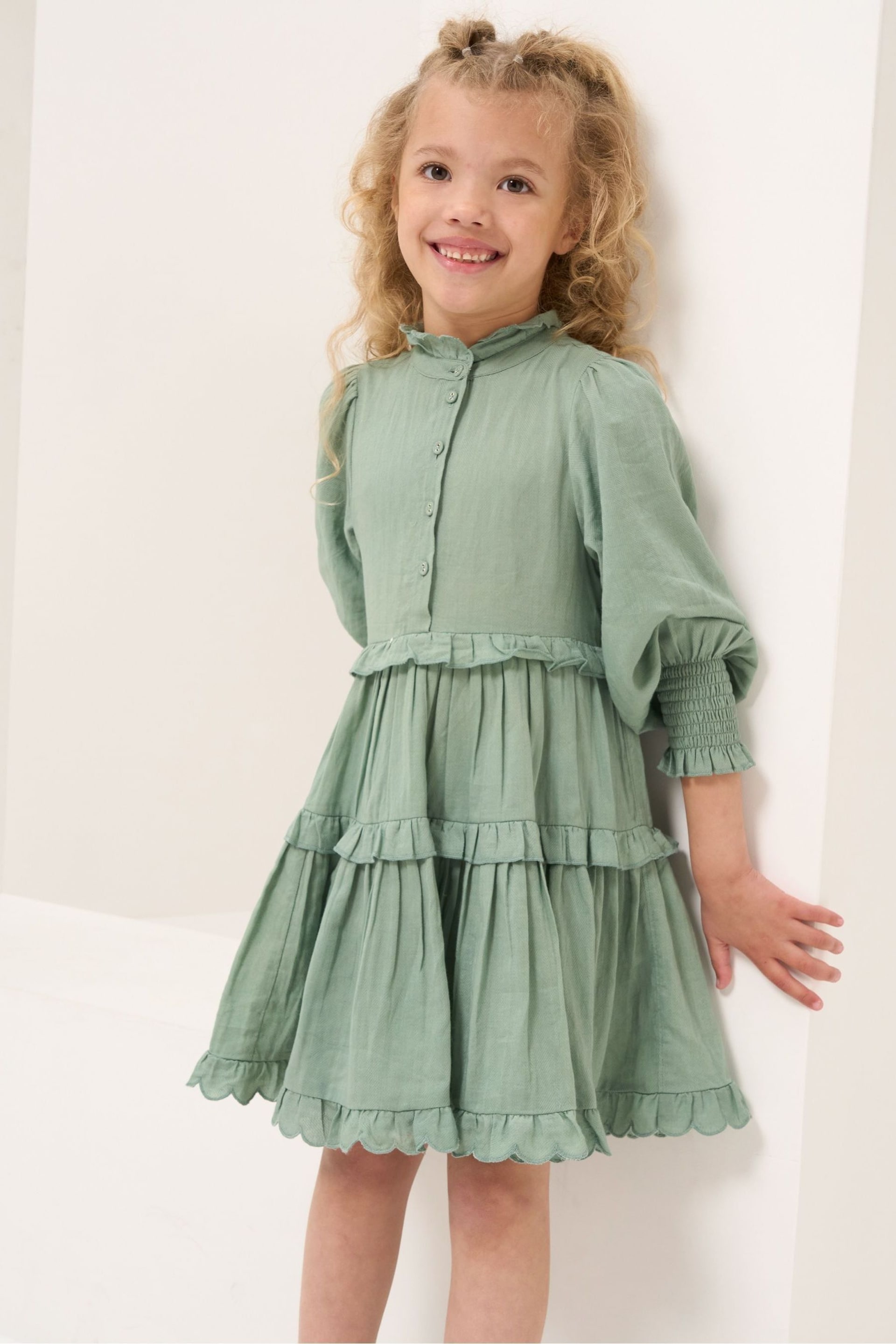 Angel & Rocket Green Cordelia Vintage Frill Long Sleeve Dress - Image 1 of 5