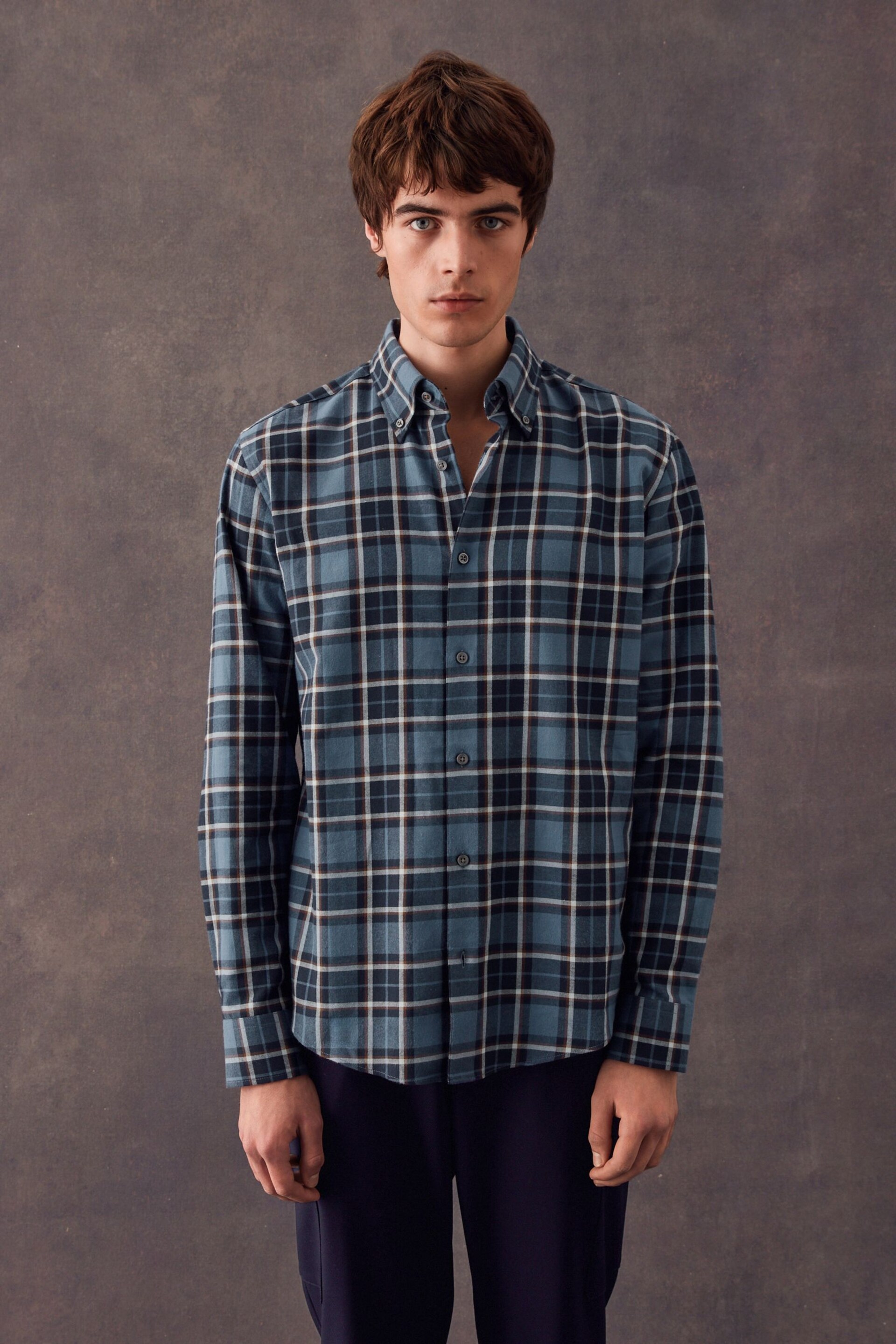 Navy Blue Check Regular Fit Brushed Flannel Shirt - Image 2 of 8