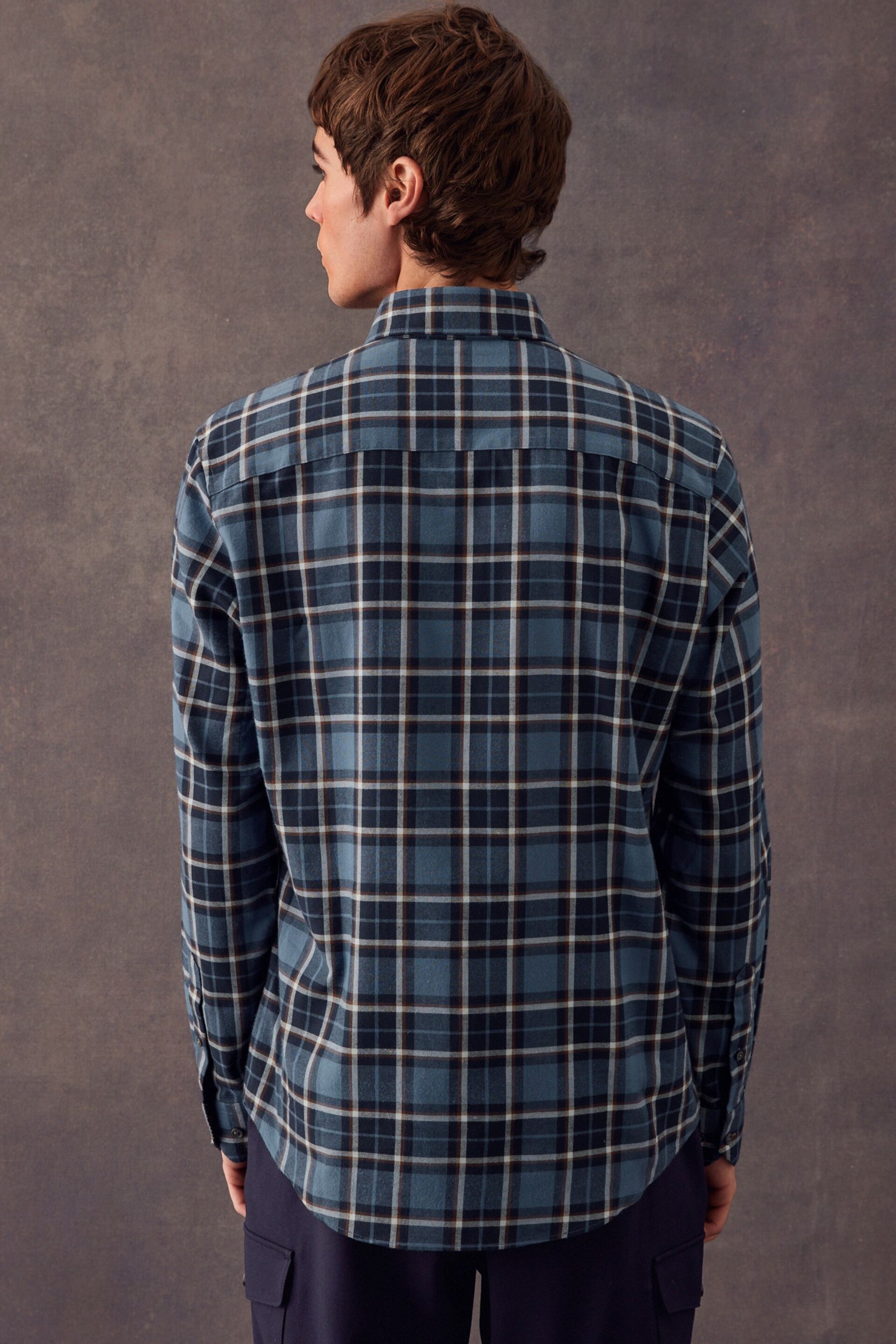 Navy Blue Check Regular Fit Brushed Flannel Shirt - Image 3 of 8