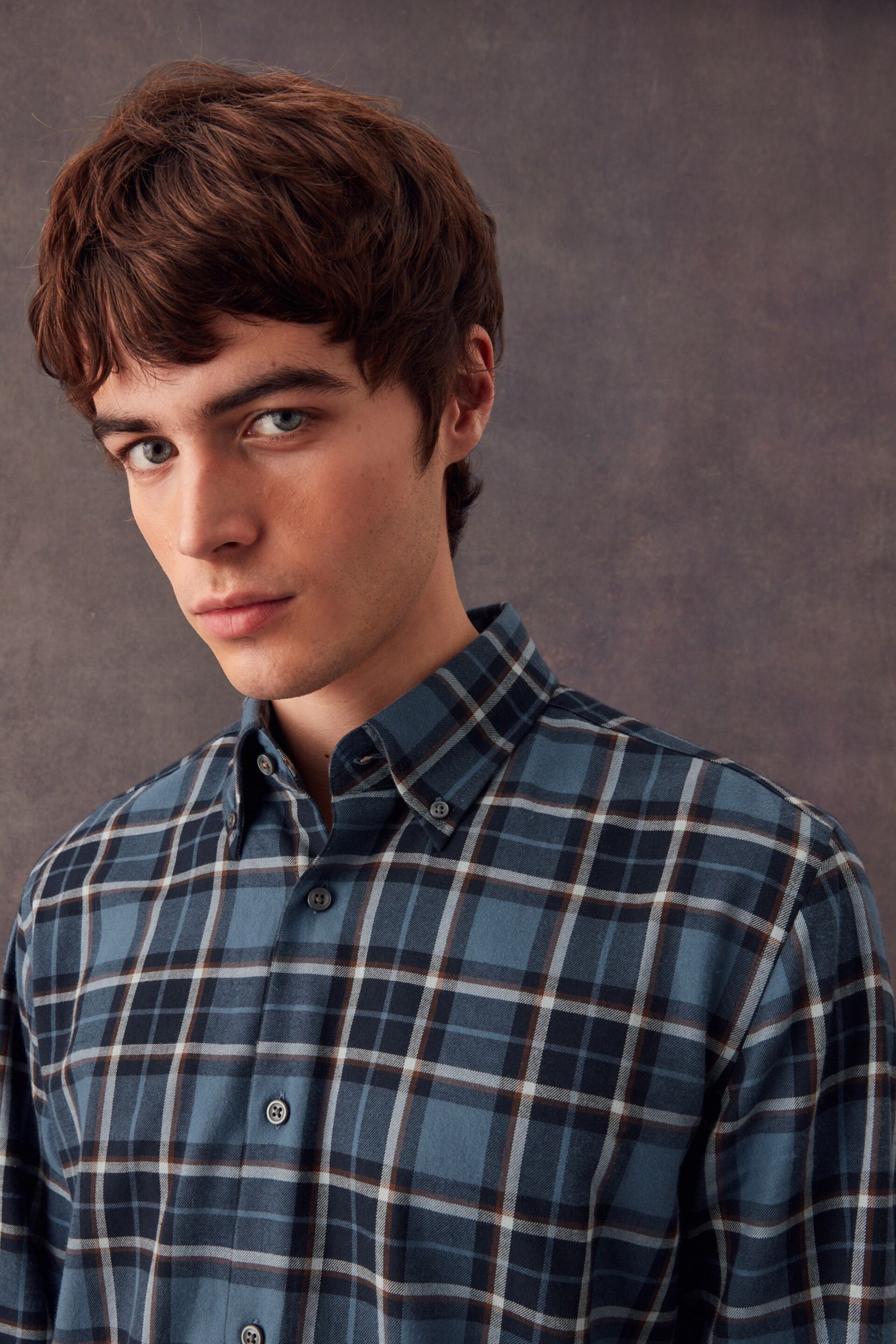 Navy Blue Check Regular Fit Brushed Flannel Shirt - Image 4 of 8