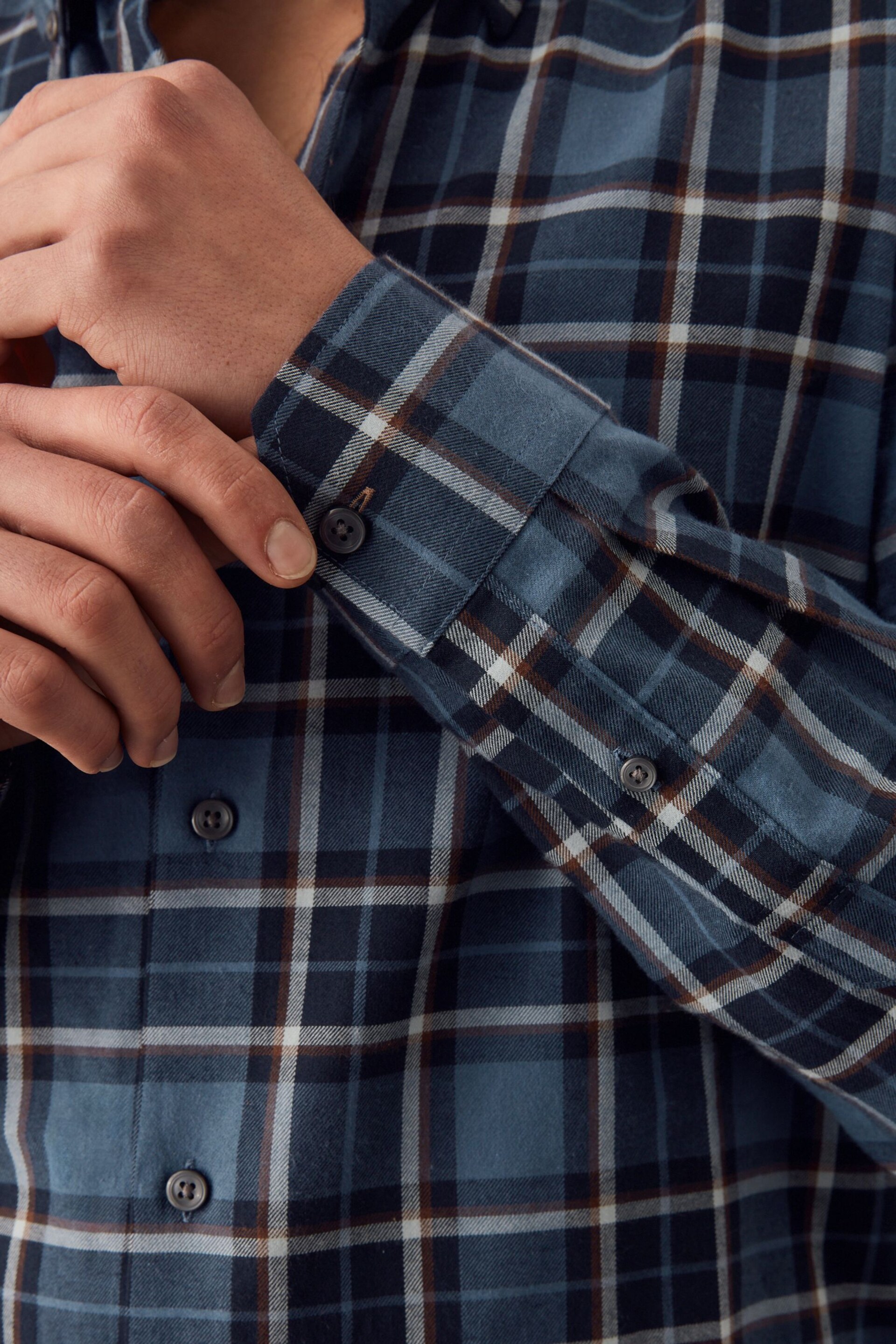 Navy Blue Check Regular Fit Brushed Flannel Shirt - Image 6 of 8