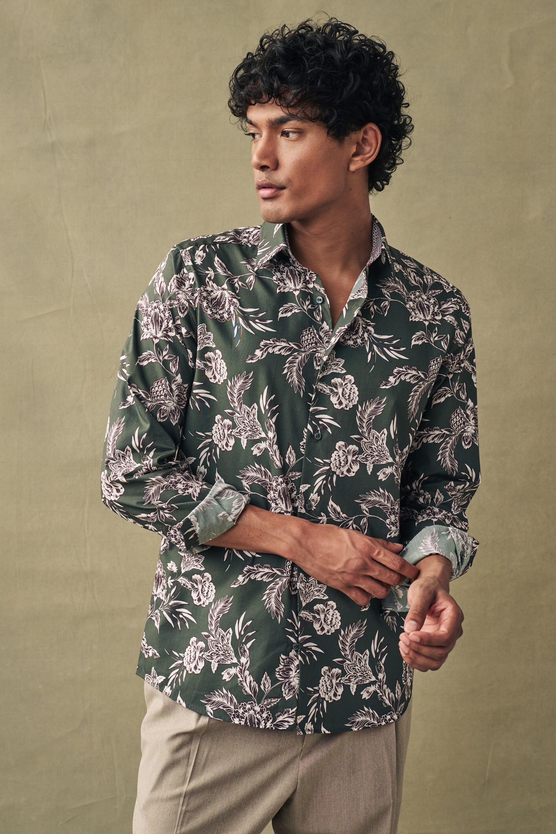 Olive Green/Neutral Brown Floral Slim Fit Printed Trimmed Shirt - Image 1 of 8