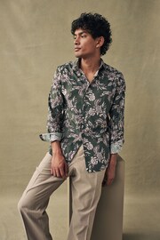 Olive Green/Neutral Brown Floral Slim Fit Printed Trimmed Shirt - Image 2 of 8