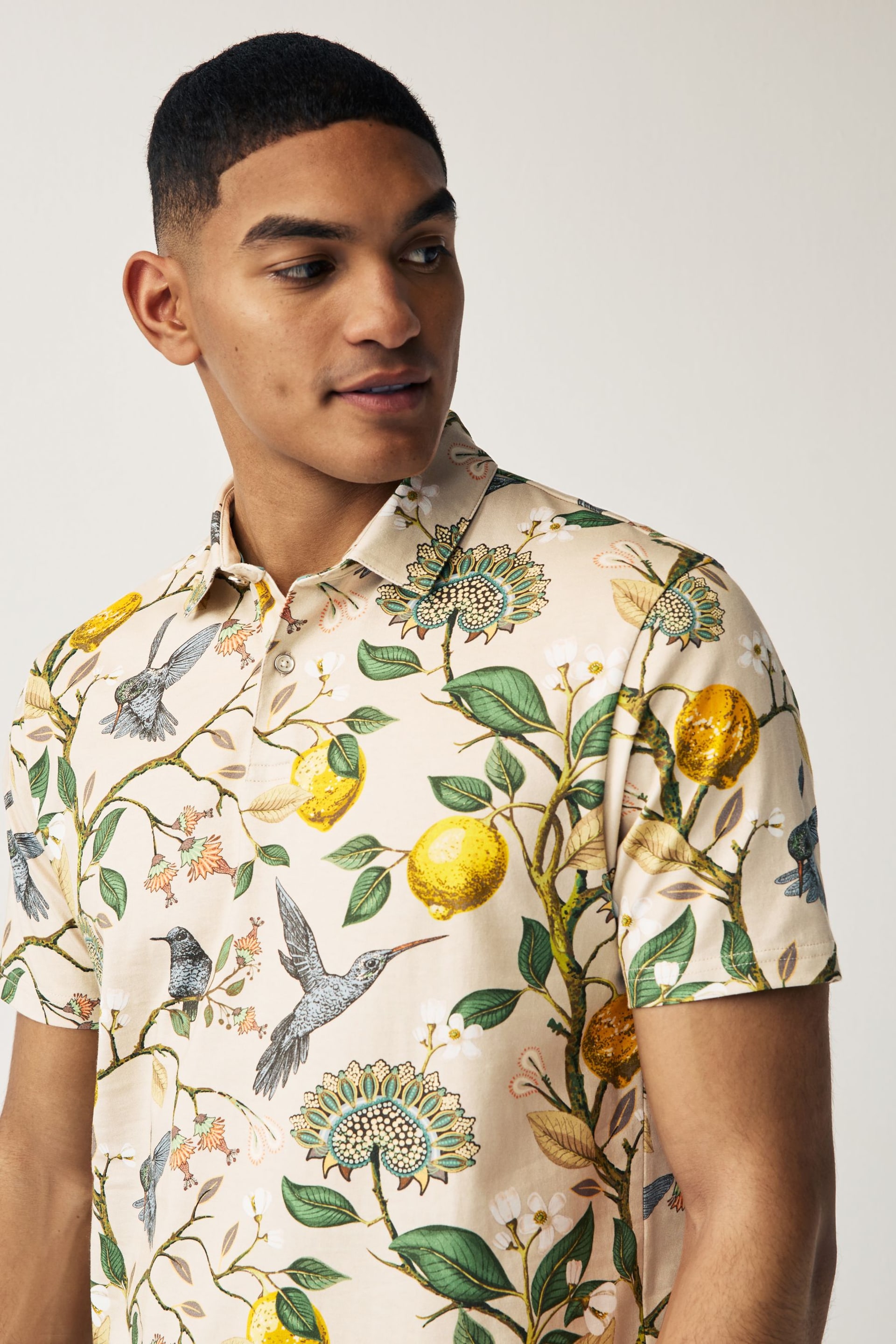 Neutral Floral Short Sleeve Print Polo Shirt - Image 4 of 7