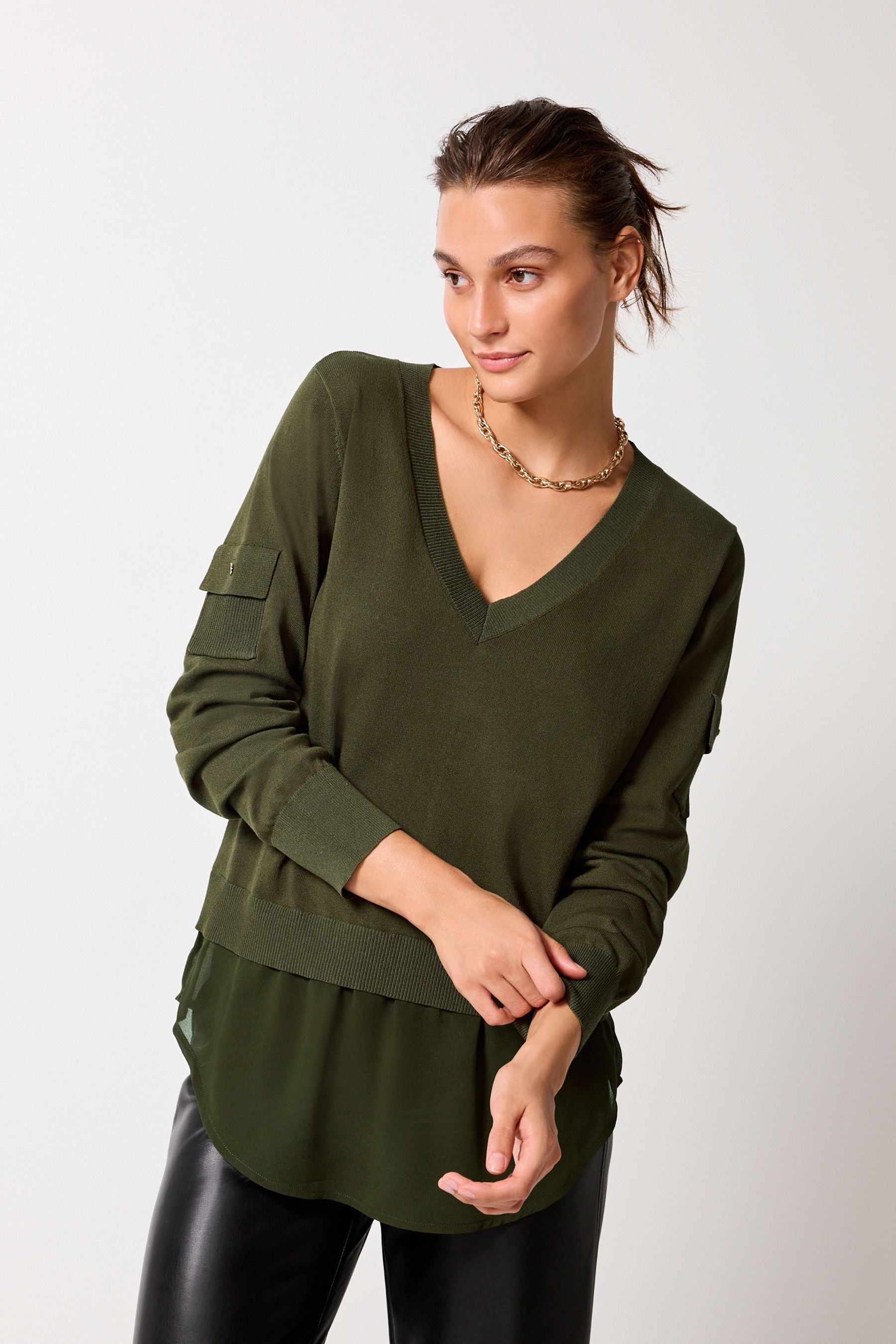 Buy Khaki Green V Neck Utility Pocket Layer Jumper from Next Luxembourg