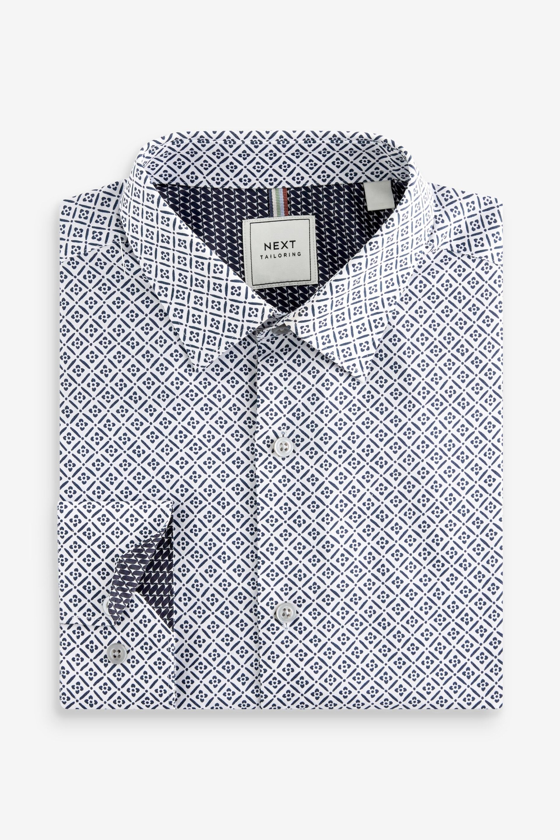 White/Navy Blue Geometric Regular Fit Easy Iron Button Down Oxford Shirt - Image 6 of 8