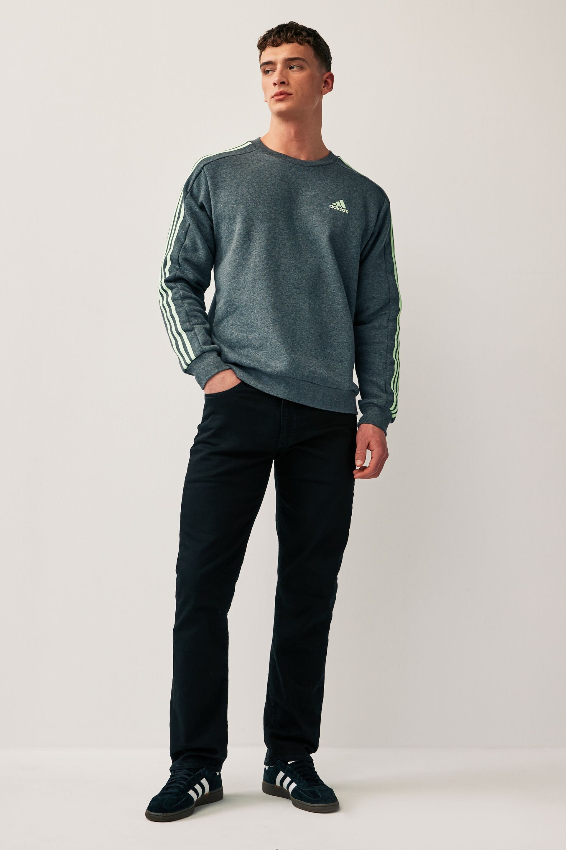 adidas Grey Sportswear Essentials Fleece 3-Stripes Sweatshirt - Image 2 of 6