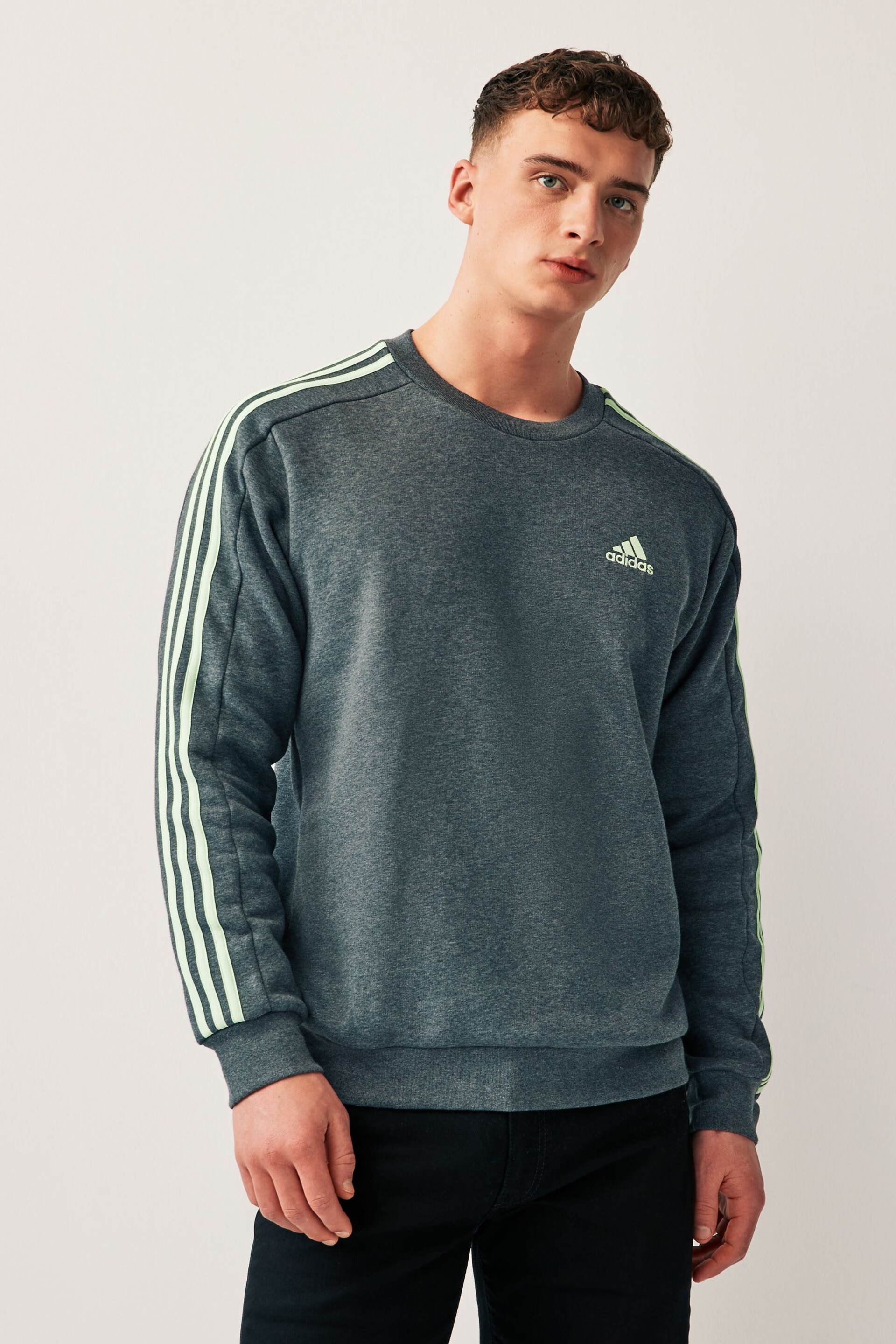 adidas Grey Sportswear Essentials Fleece 3-Stripes Sweatshirt - Image 3 of 6