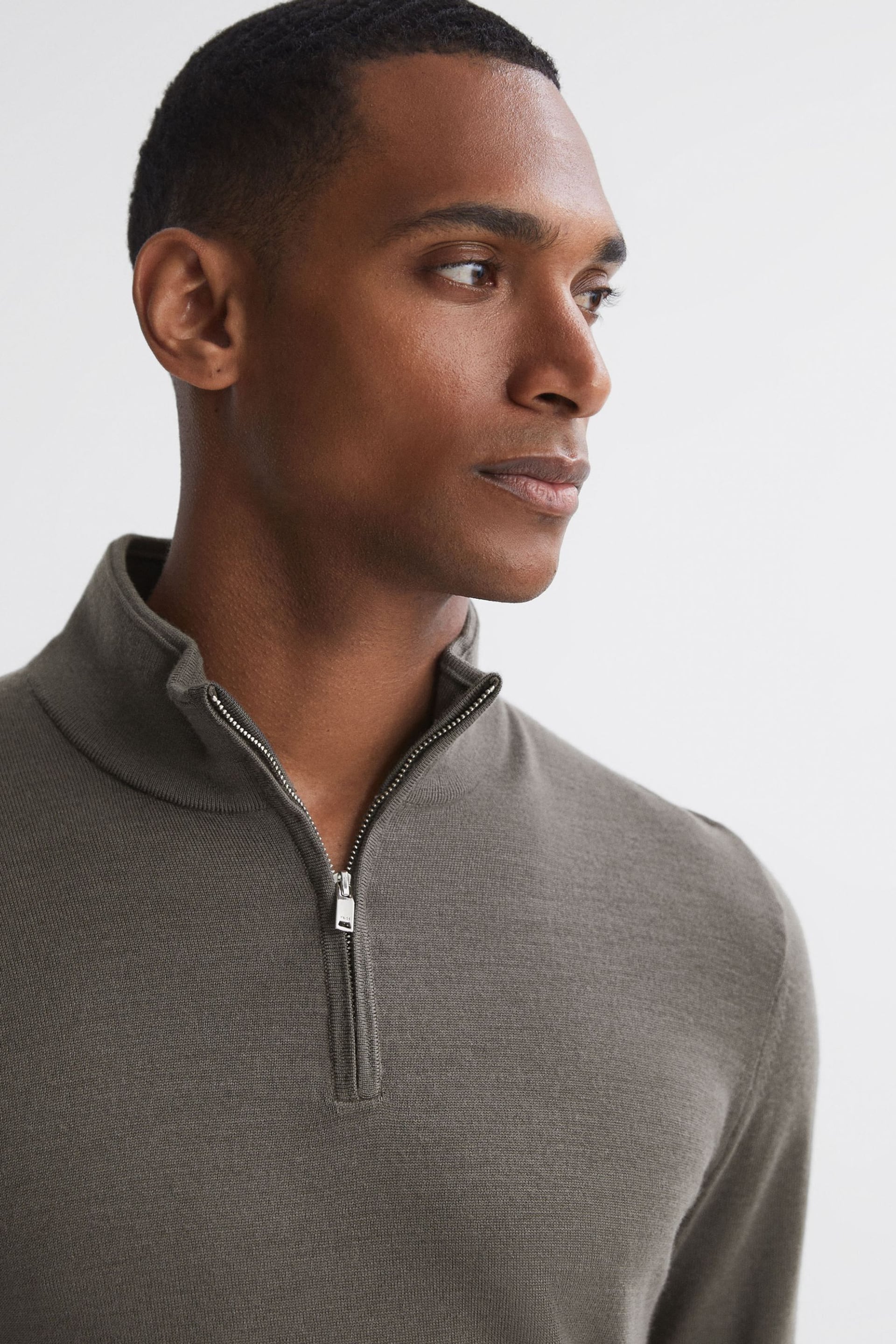 Reiss Mushroom Brown Blackhall Merino Wool Half-Zip Funnel Neck Jumper - Image 6 of 6