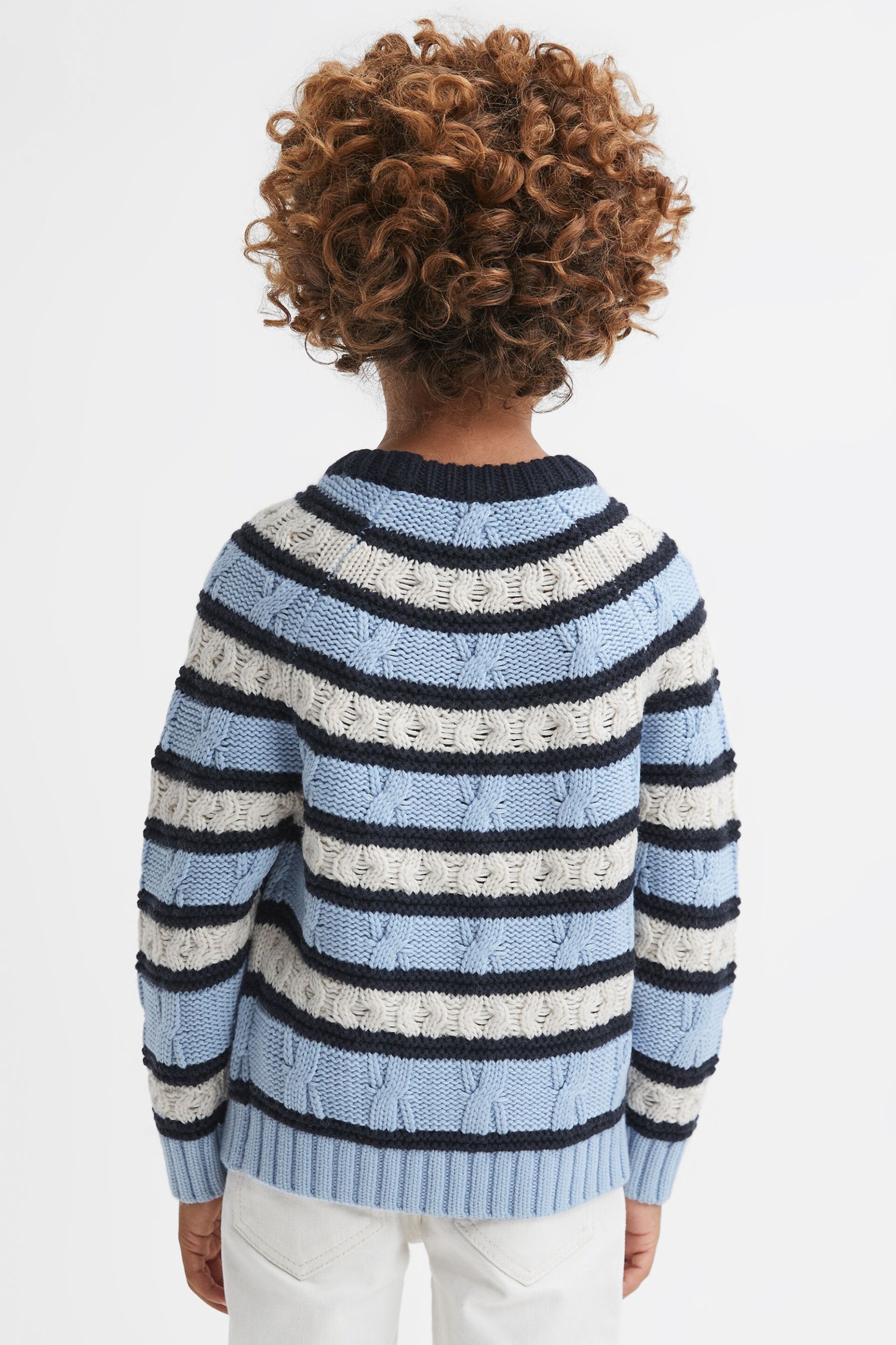 Reiss Ecru/Blue Littleton Senior Cable Knitted Striped Jumper - Image 4 of 5