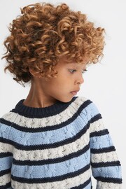 Reiss Ecru/Blue Littleton Junior Cable Knitted Striped Jumper - Image 3 of 5