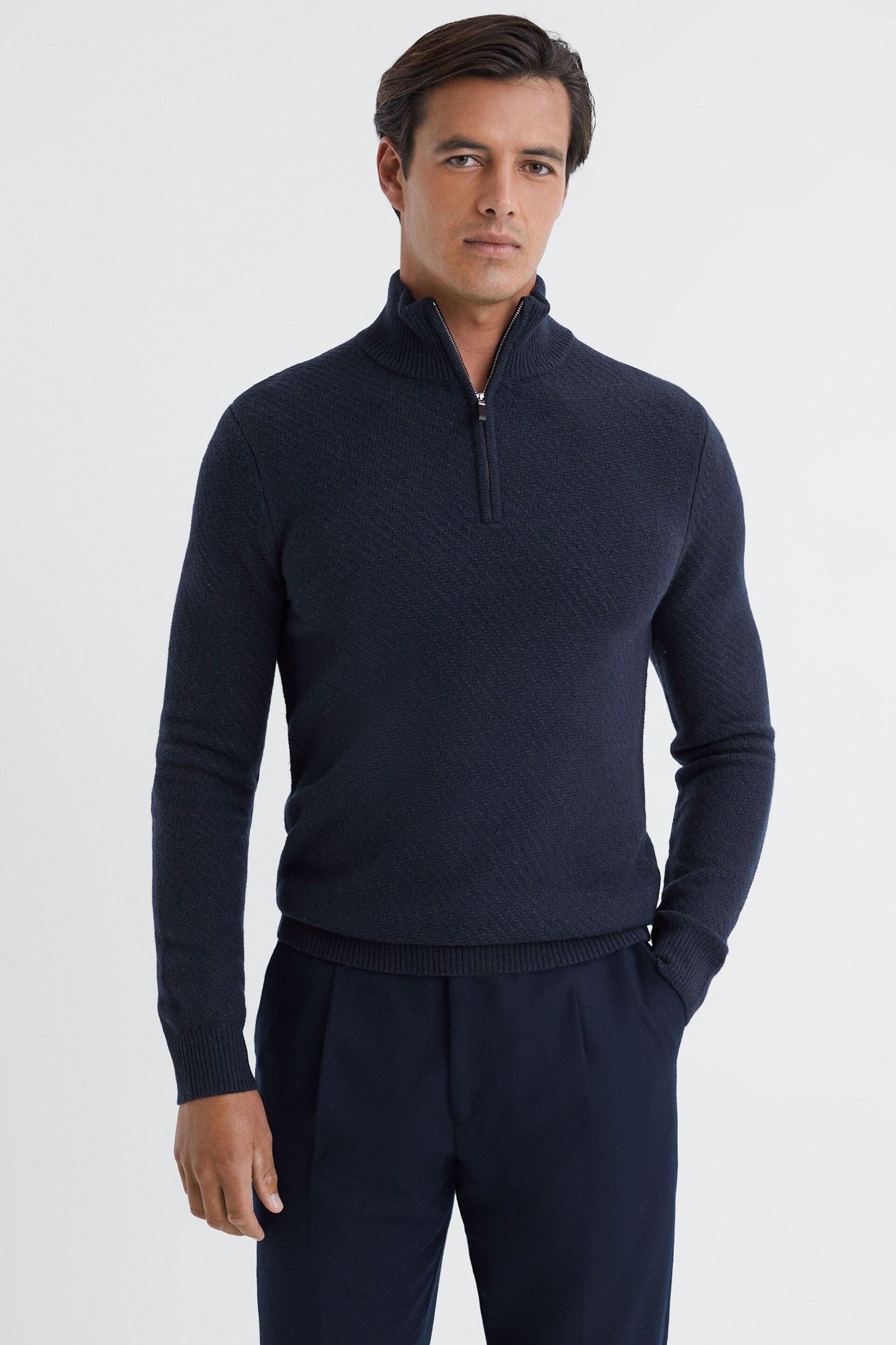 Reiss Navy Tempo Slim Fit Knitted Half-Zip Funnel Neck Jumper - Image 1 of 5