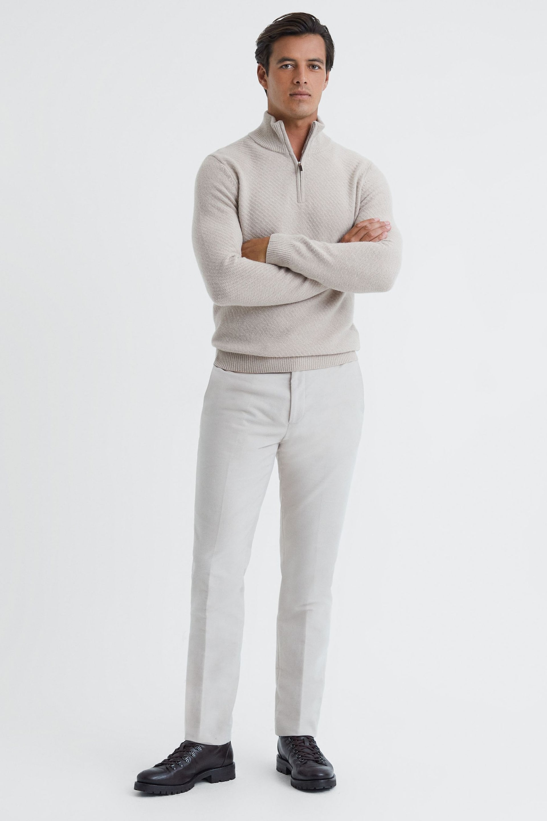 Reiss Oatmeal Melange Tempo Slim Fit Knitted Half-Zip Funnel Neck Jumper - Image 4 of 5