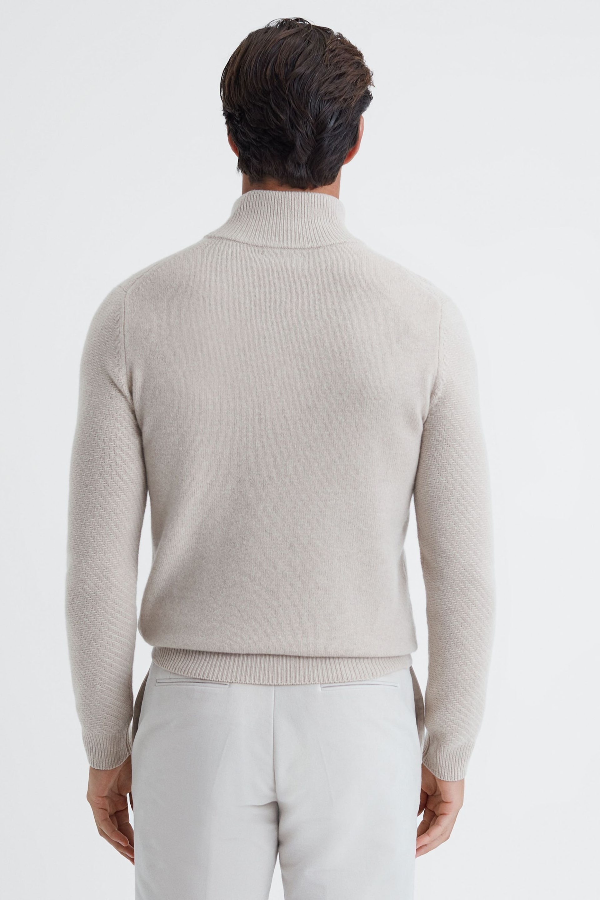 Reiss Oatmeal Melange Tempo Slim Fit Knitted Half-Zip Funnel Neck Jumper - Image 5 of 5