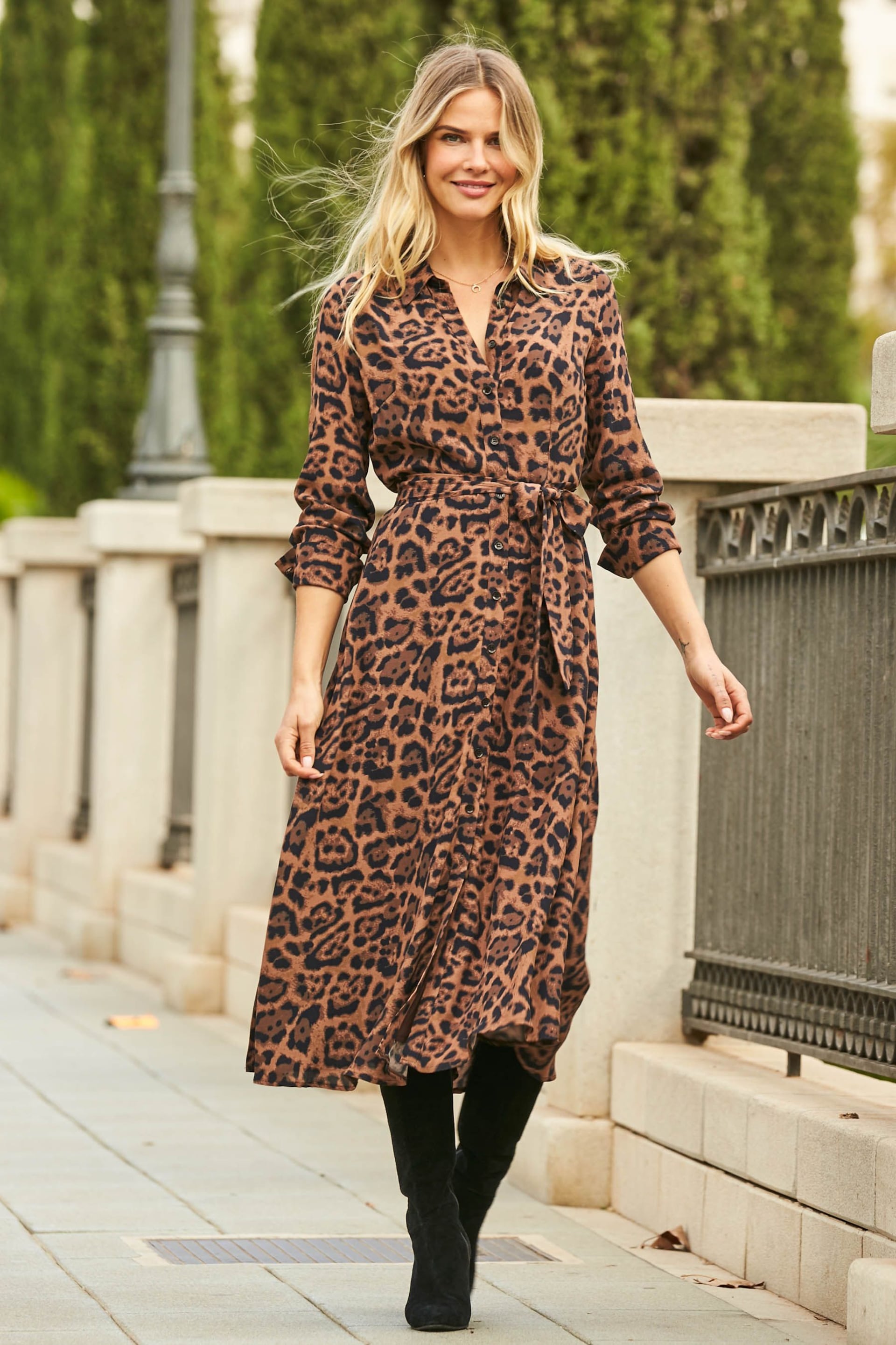 Sosandar Black/Brown Leopard Print Shift Dress With Belt - Image 3 of 5