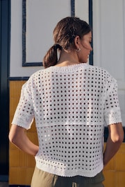 White Short Sleeve Crochet Crew Neck T-Shirt - Image 3 of 6